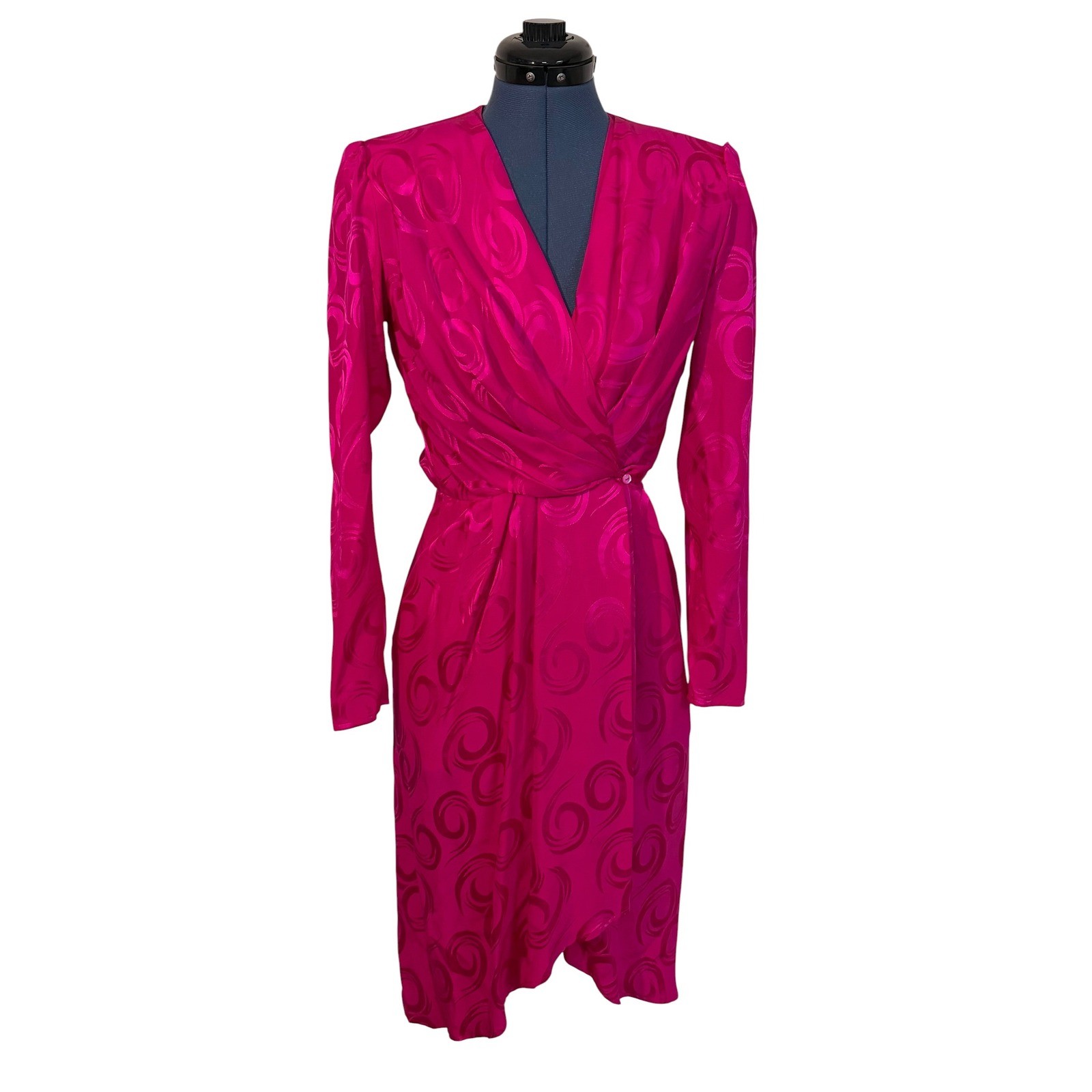 Vtg Argenti Pink Silk Jacquard Wrap Dress Midi 80s Luxury Glam Mob Wife 4 NEW