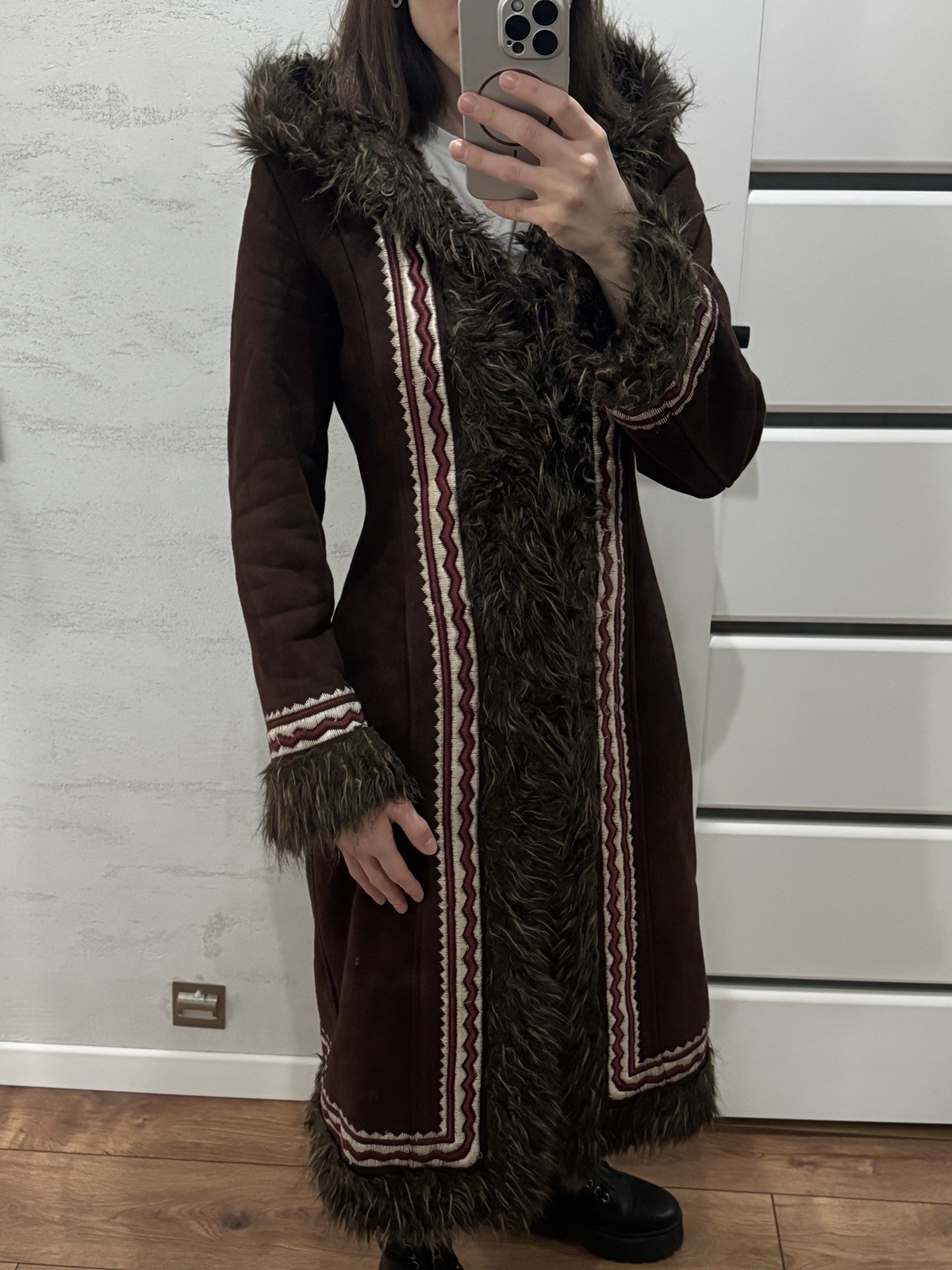 VINTAGE BOHO PENNY LANE AFGHAN STYLE FAUX FUR EMBROIDERED COAT FROM TOP SHOP 8 S