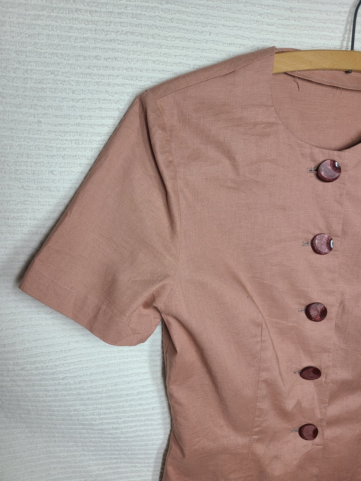 Vintage 50s Cotton Shirt S New Look High Neck Large Buttons Taupe Brown Retro