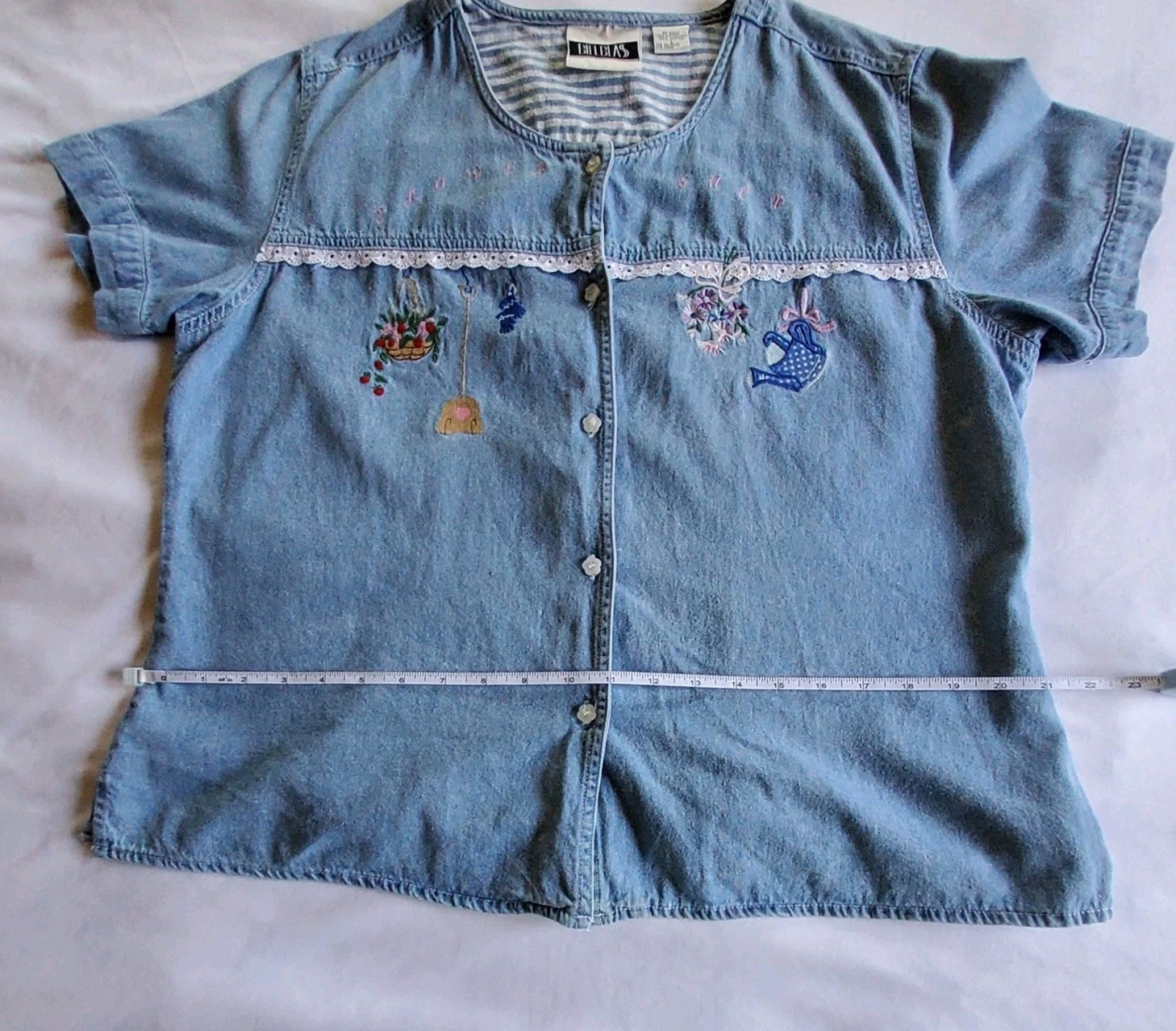 VTG 90s Bill Blass Large Denim Shirt Embroidered Plants Lace Grandmacore