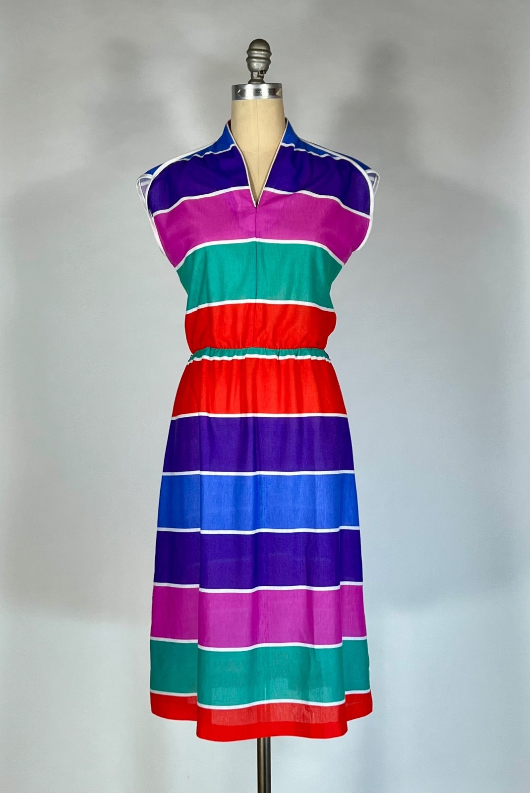 Vintage 1980’s colorful bands jersey knit sporty poly dress w/white trim Foxmoor