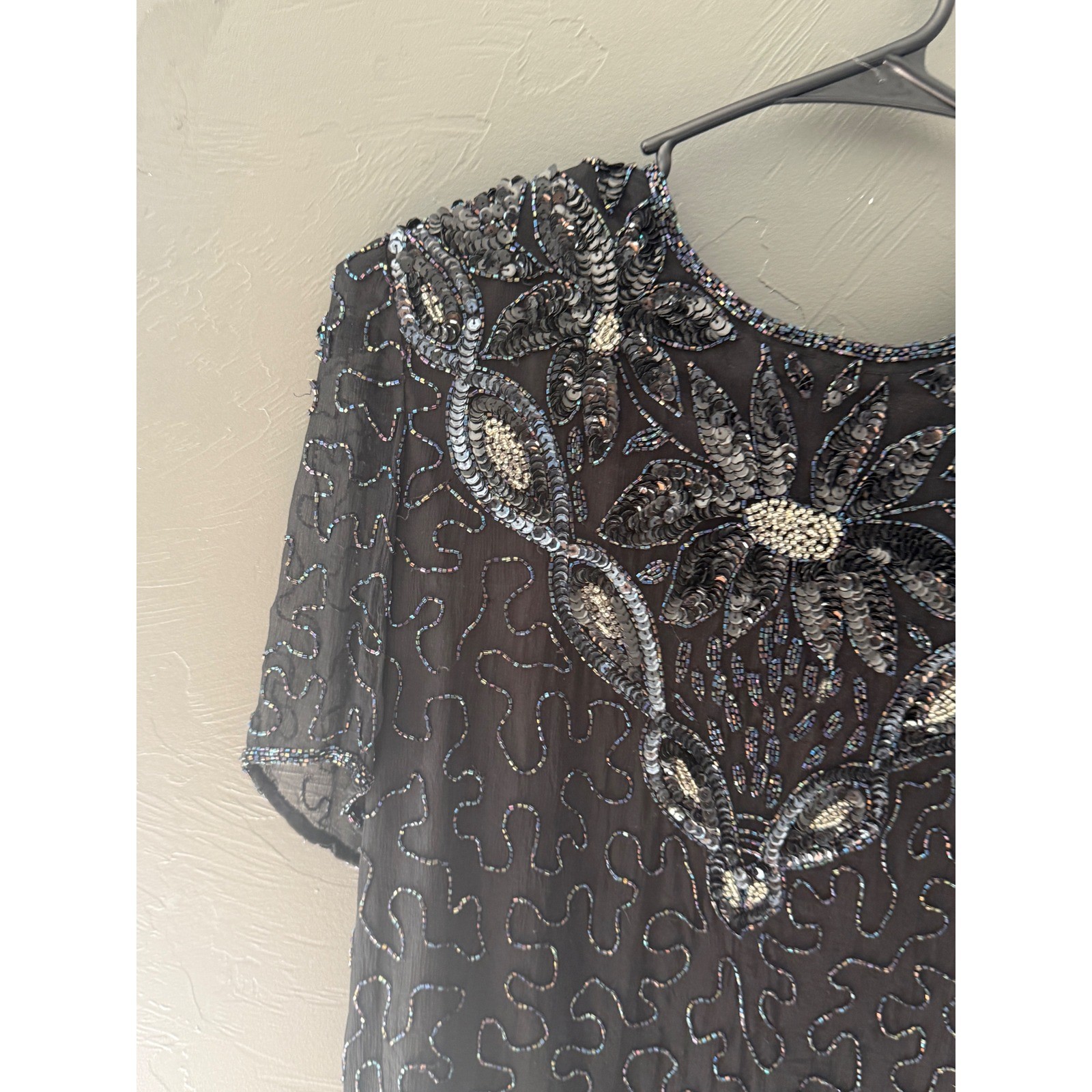 Sweelo Vintage Black Silk Beaded Sequin Floral Evening Top Short Sleeve Medium
