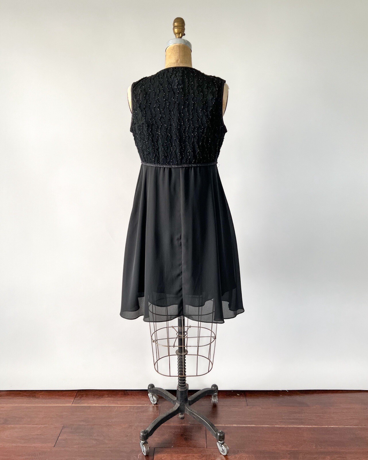 Vintage 1990s Black Chiffon Lace Babydoll Mini Slip Dress Sheer Overlay Sz M