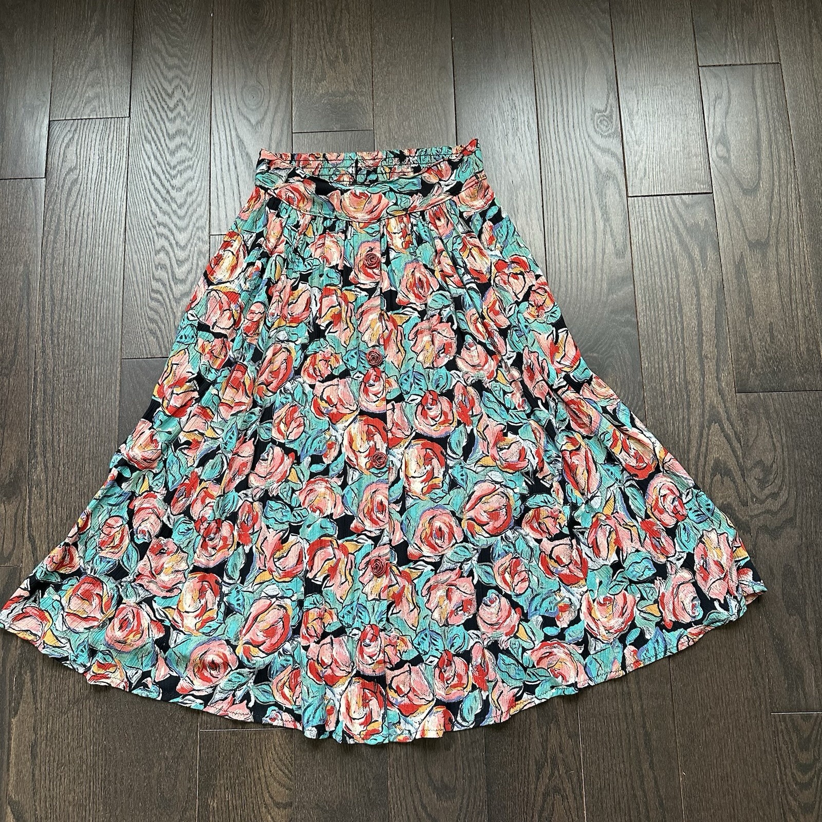 Carole Little Vintage 90s Rose Button Front Midi Skirt Abstract Rose Floral 6