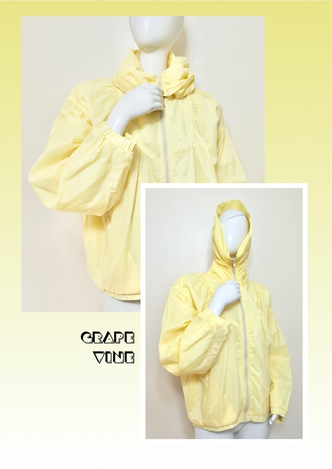 Vintage 70s 80s Sunshine Yellow Cropped Hooded Nylon Windbreaker Jacket M