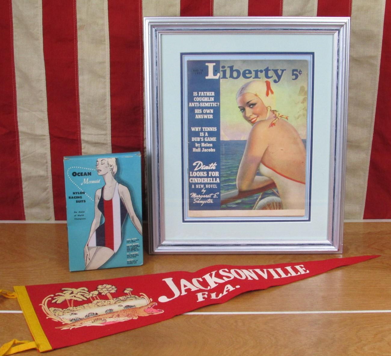 Vintage 1960s Ocean Mermaid Swimsuit NOS w/Liberty Magazine Framed Beach Pennant