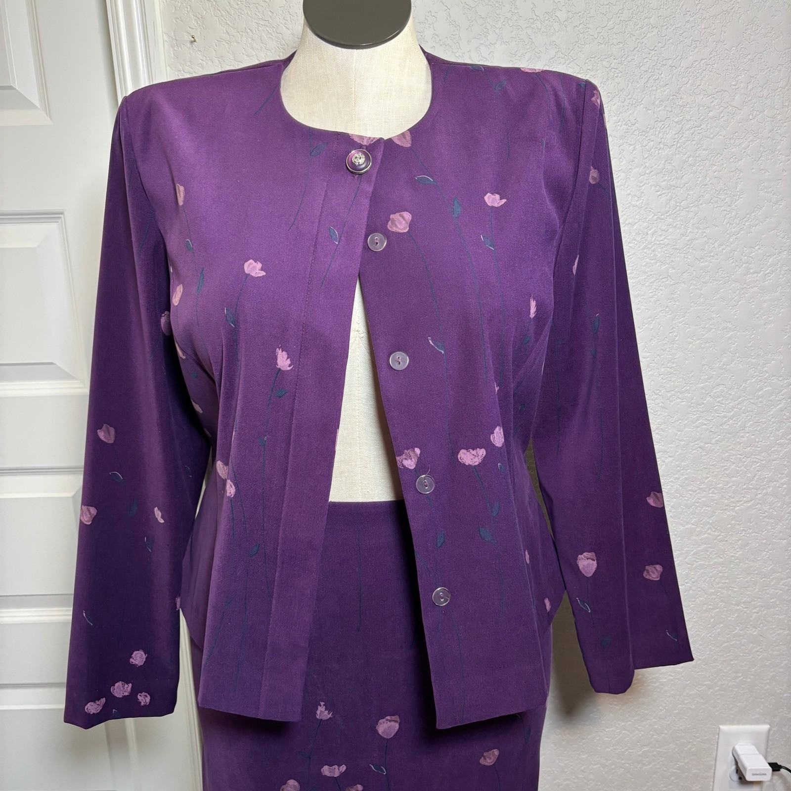 Leslie Fay Vintage Purple Floral Skirt Suit Set Jacket Midi Skirt Size 14