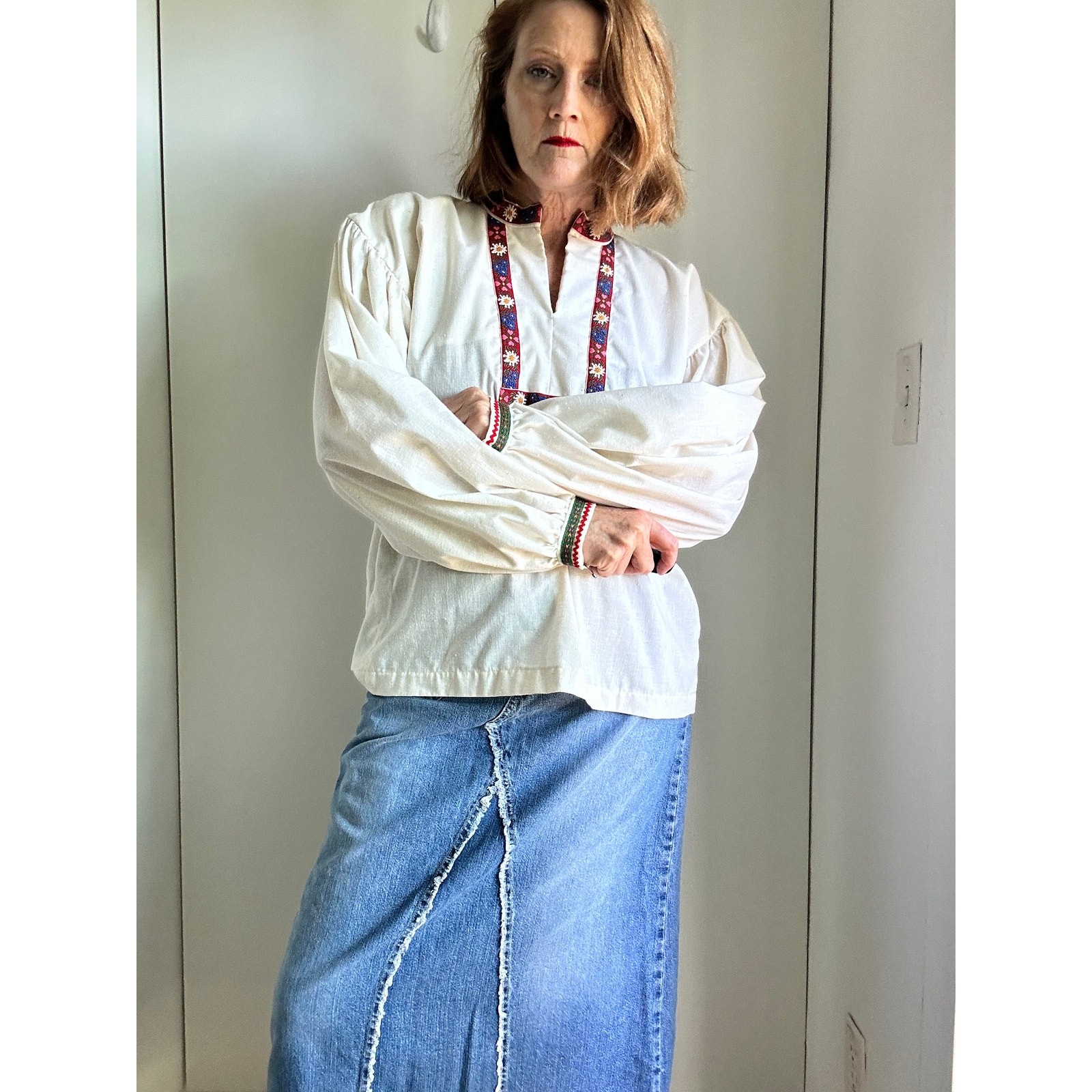 Vintage 70s Boho Peasant Blouse L XL Handmade Cotton Embroidered Folk Top