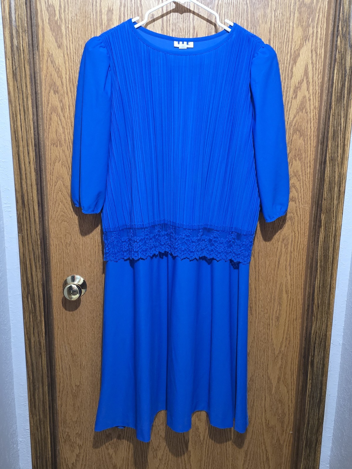 Vintage 80s CUE Fashions Blue Pleated Lace Dress Womens 20W USA Plus Formal