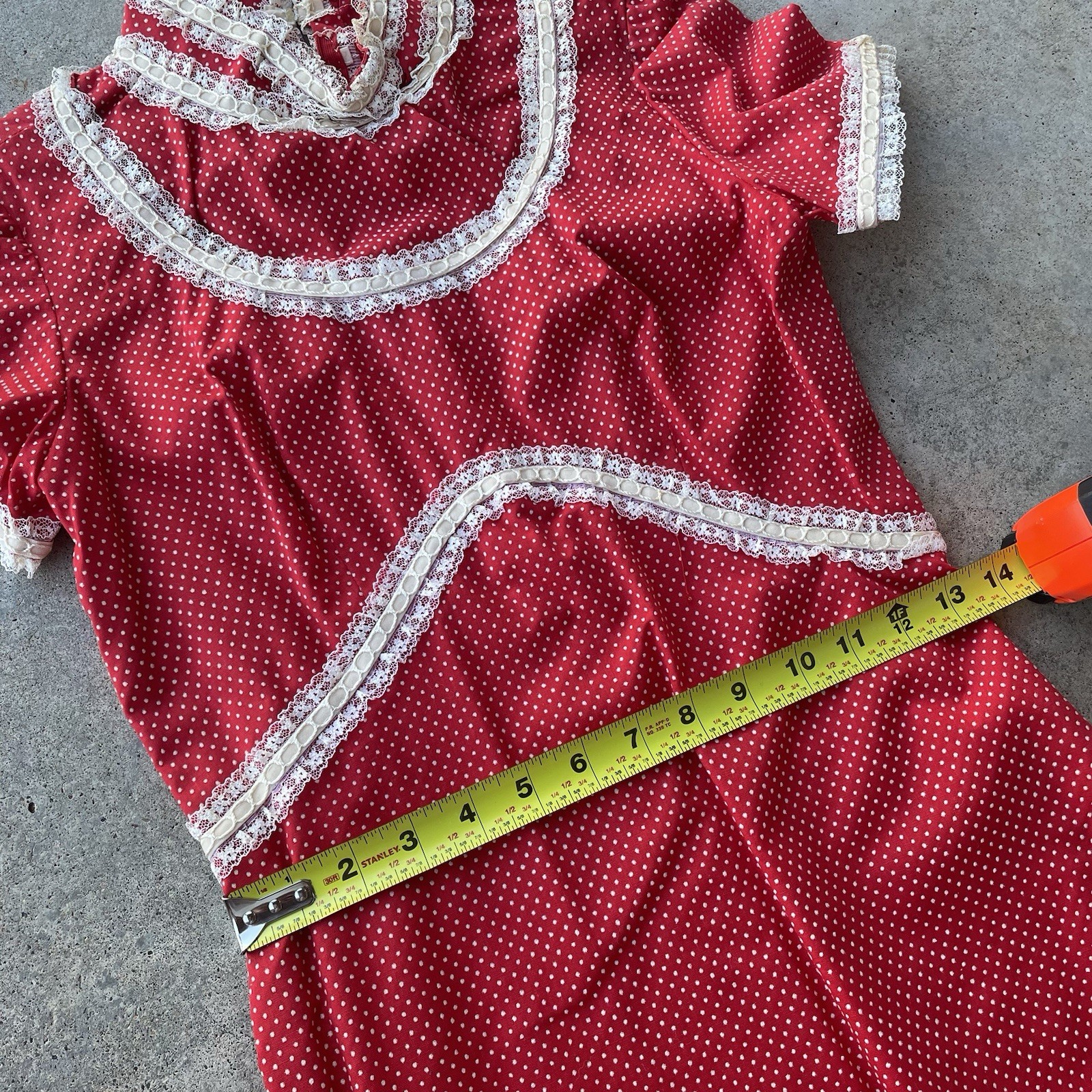Prairie Cottage Core Vtg 70s Maxi Dress Red White Polka Dot Lace Trim Women’s S