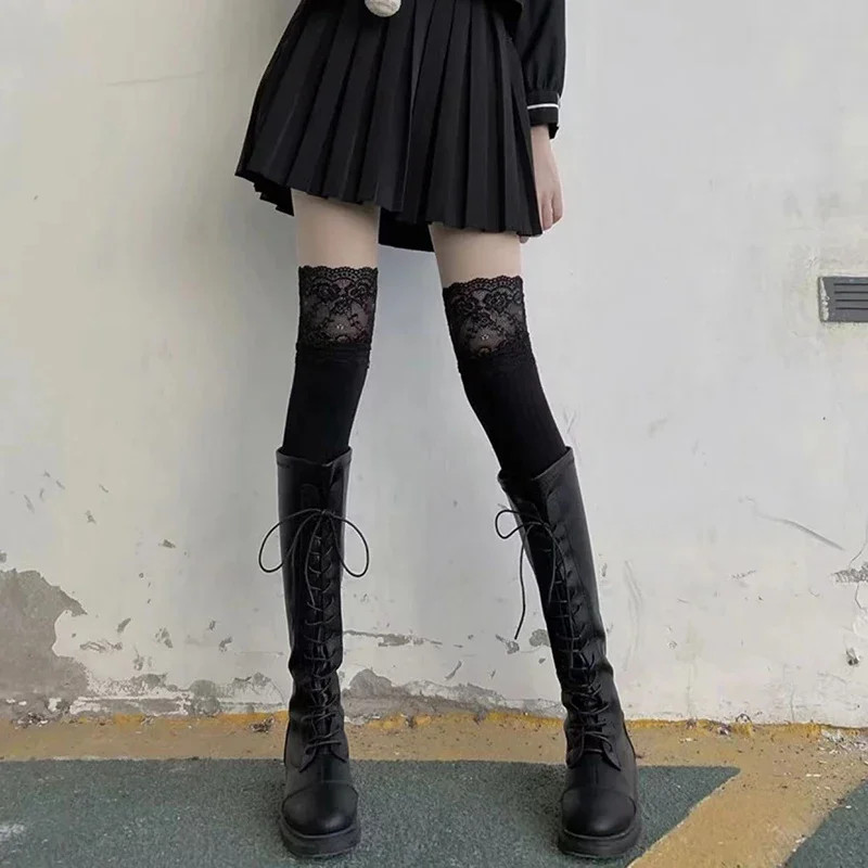 Solid Color Sexy Lace High Stockings Women Girls Thigh High Over The Knee Stocki