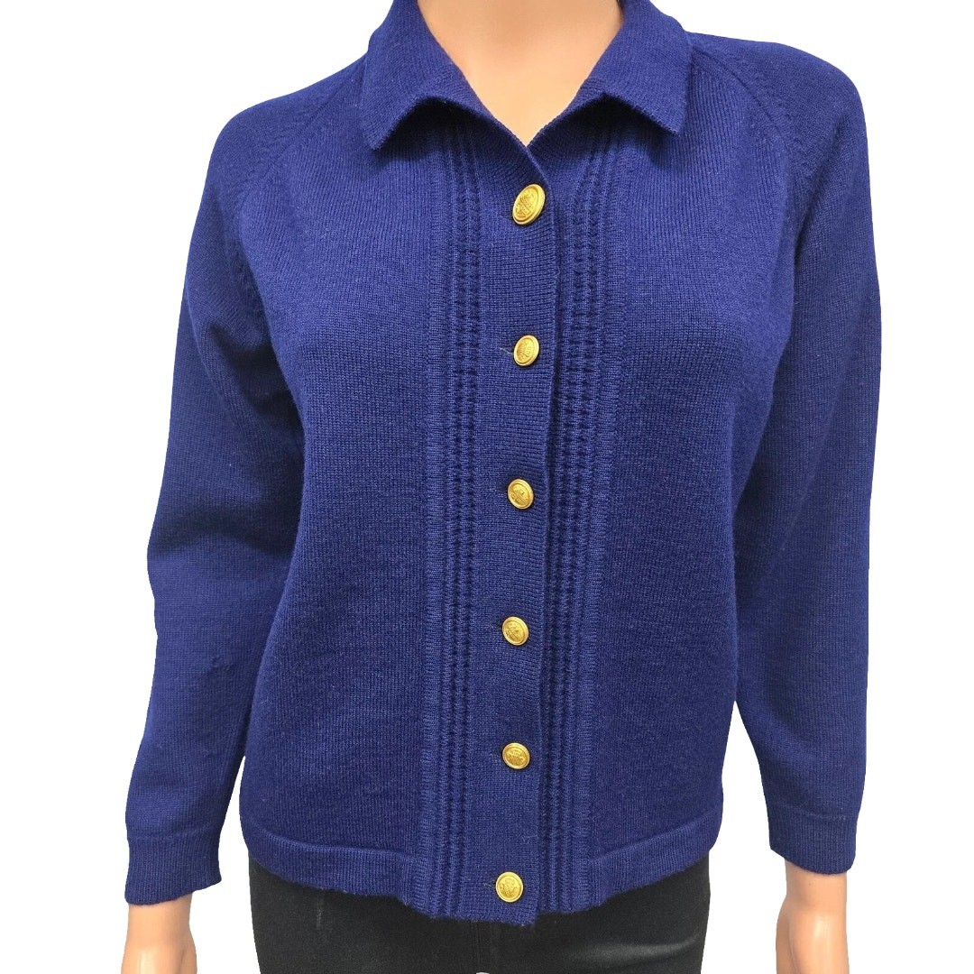 Vintage Bromley Pure New Wool Australian Patons Yarn Cardigan Sweater Blue S