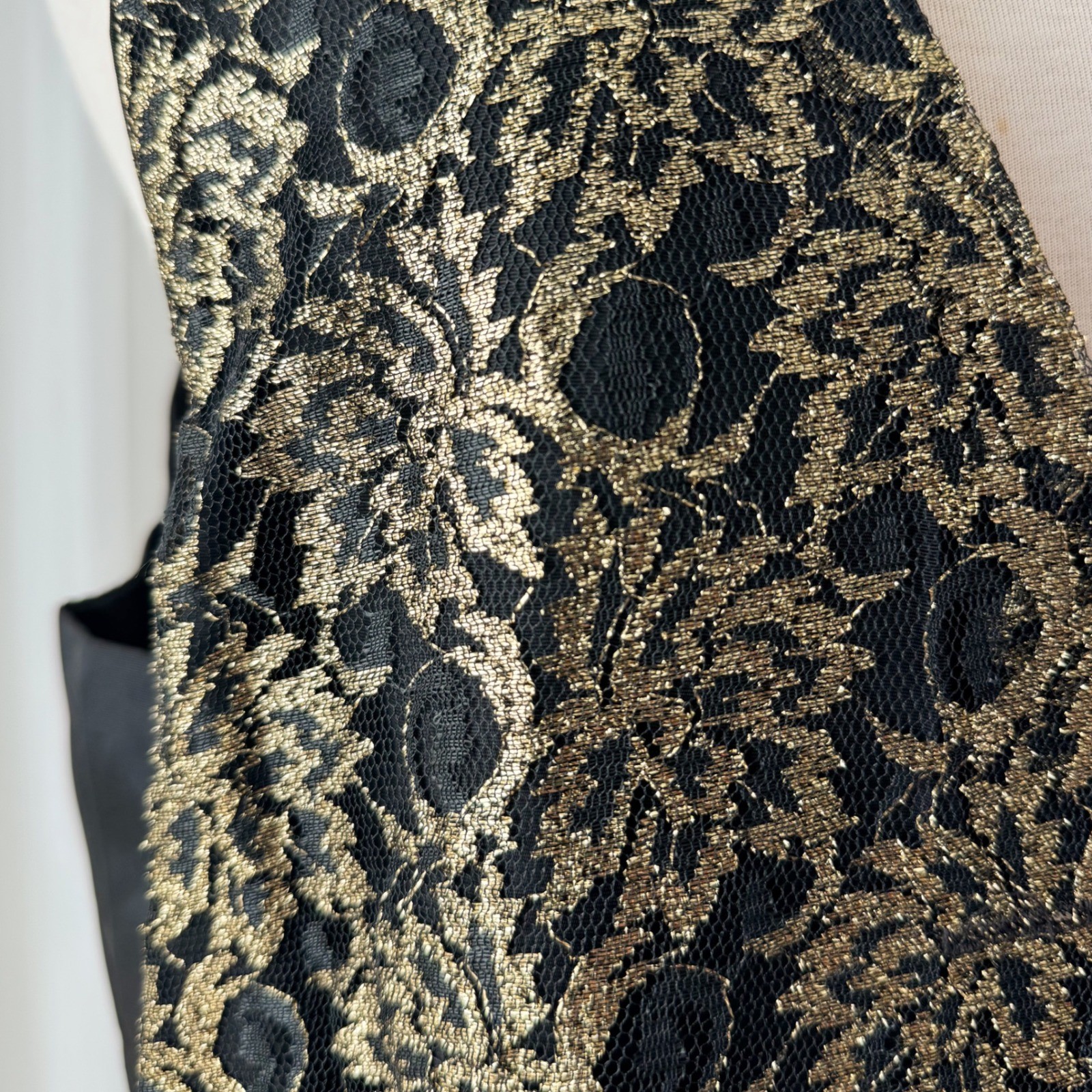 Vintage Black Gold Tapestry Vest Floral Baroque Boho Open Front Small Medium