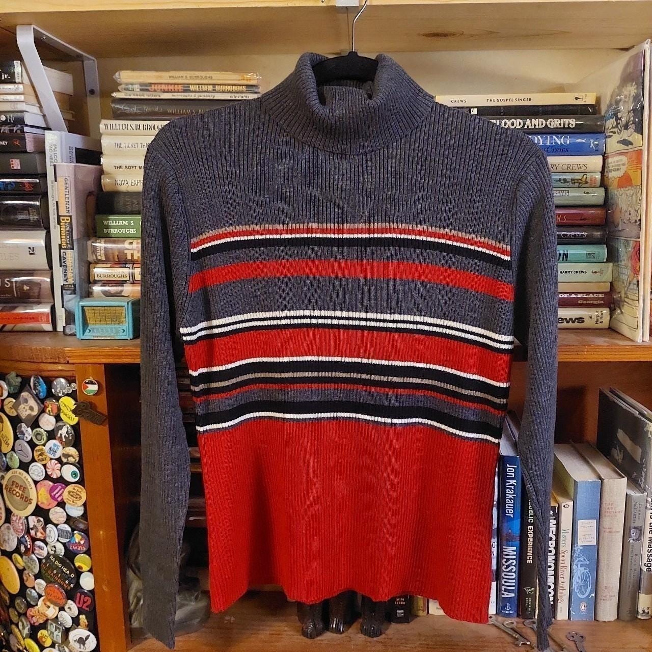 Vintage striped red, grey, and black long sleeve turtle neck sweater.
