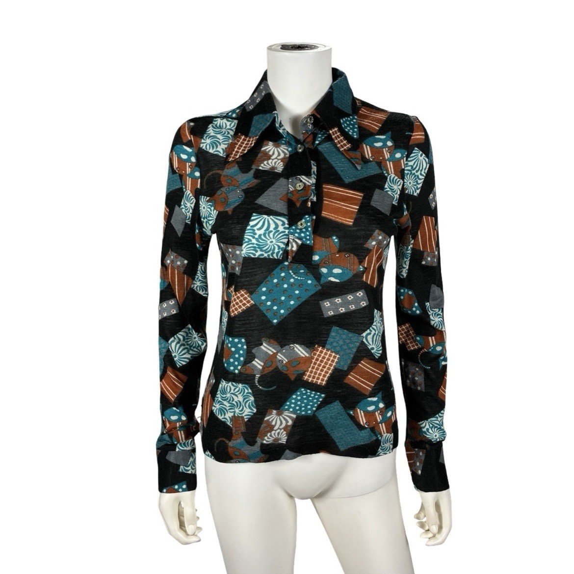 VTG 60s Women’s Jacobson’s Italy Mod Cat Print Long Sleeve Dagger Collar Top M