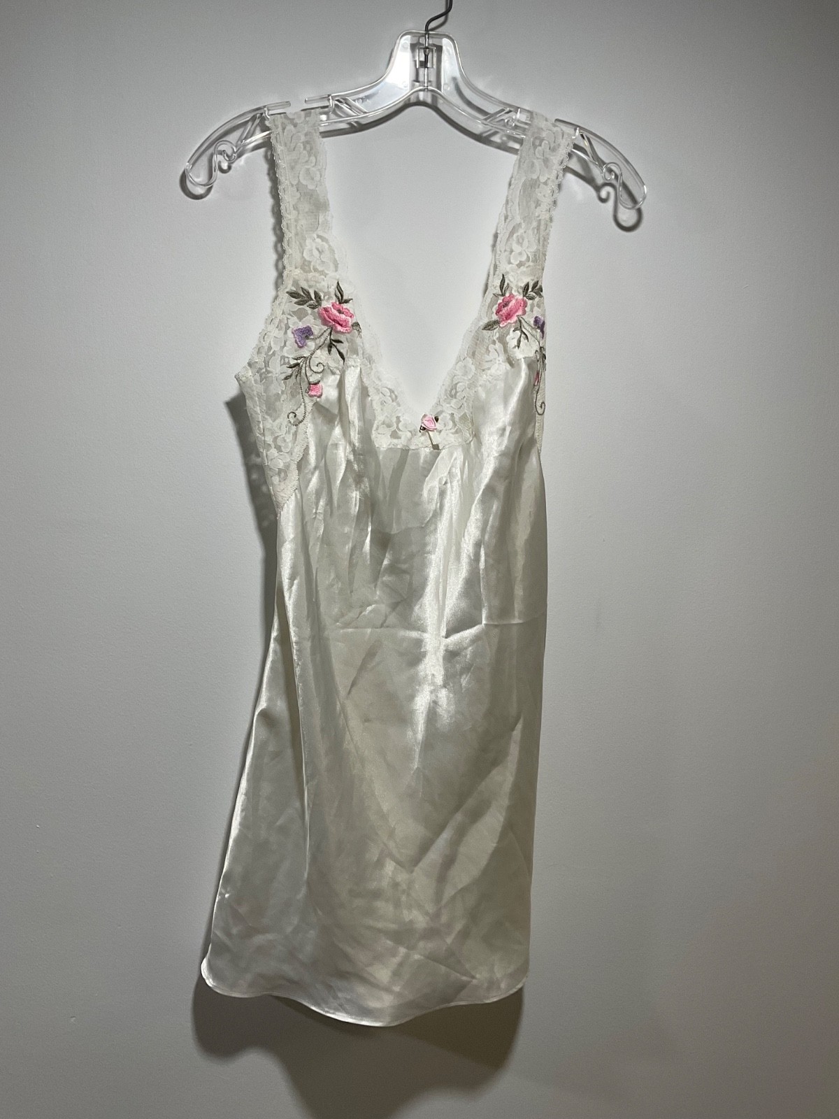 Womens Vintage Val Mode S Ivory satin Lace Floral camisole Slip lingerie dress