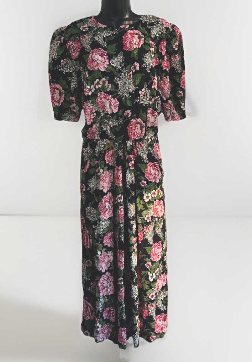 VTG 80s Floral Midi Dress Basque Waist Dark Cottagecore Romantic Modest Tradwife