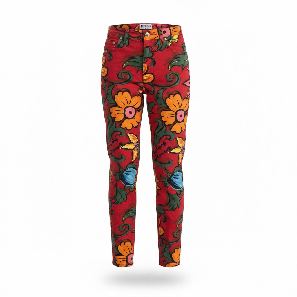 Moschino Jeans Floral Pants 90s Vintage Size 29 Red Print Rare Statement
