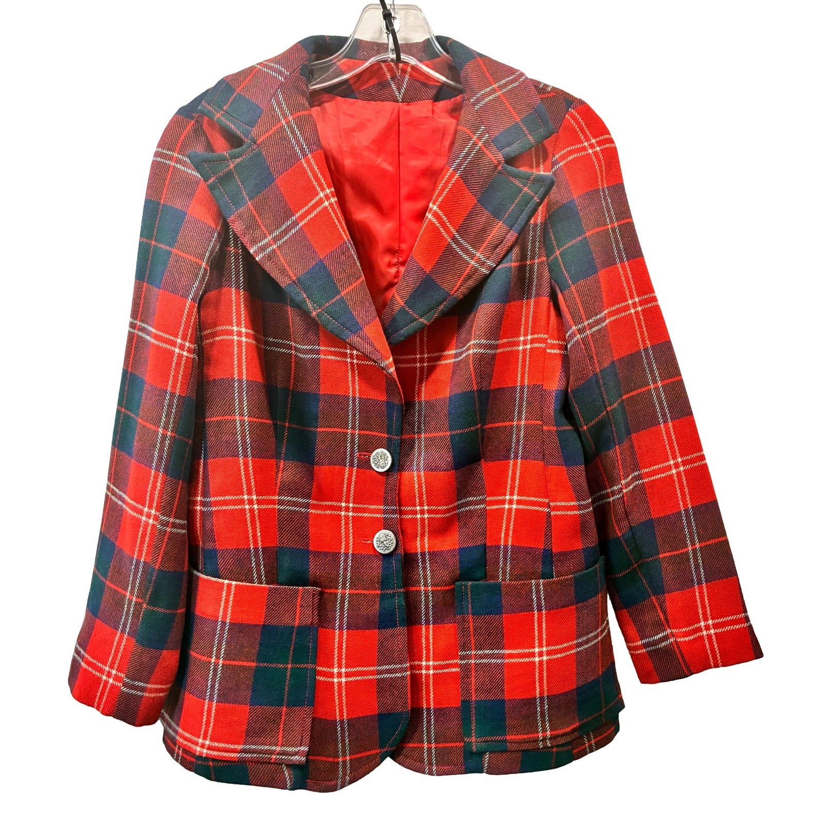 VTG 70s Red Tartan Plaid Blazer Riding Jacket Wool Blend Small