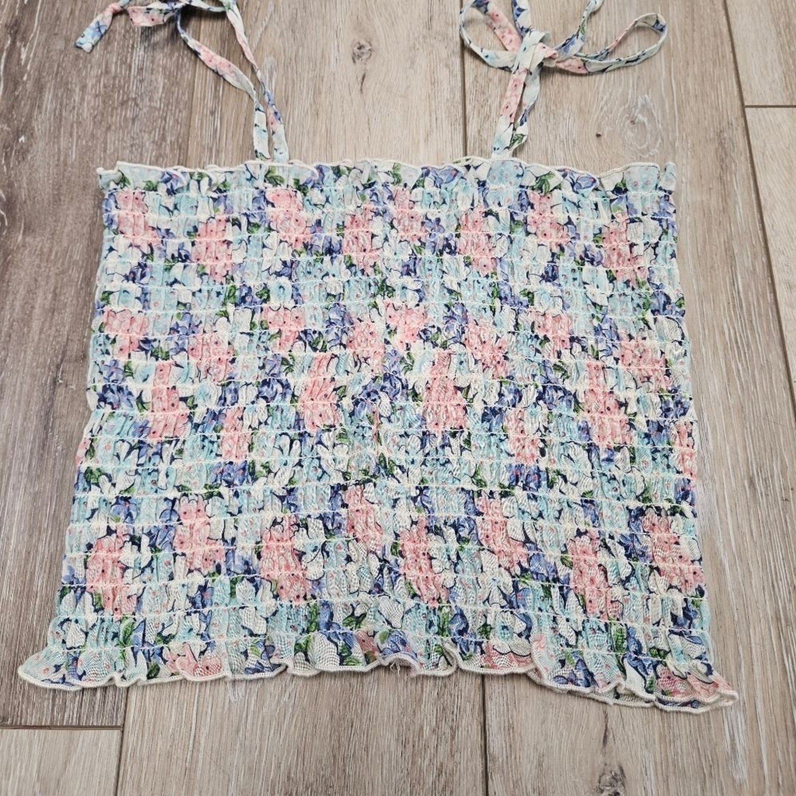 JC Penney Fashions Vintage Smocked Sheer Tank Top Floral Tie Women’s Medium