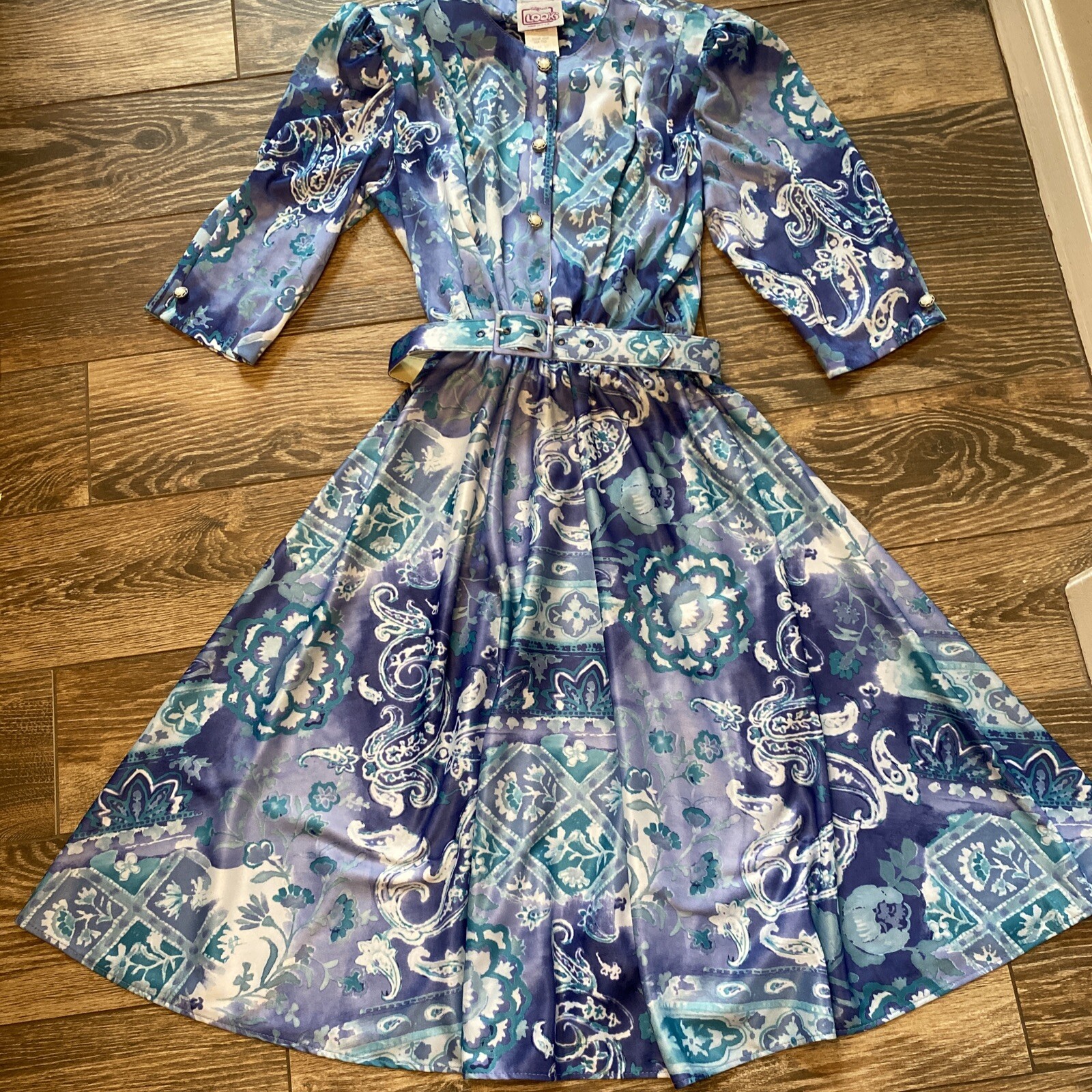VTG 70s 80s California NEW LOOKS Blue Paisley Belted Tea Day Dress AUTHENTIC