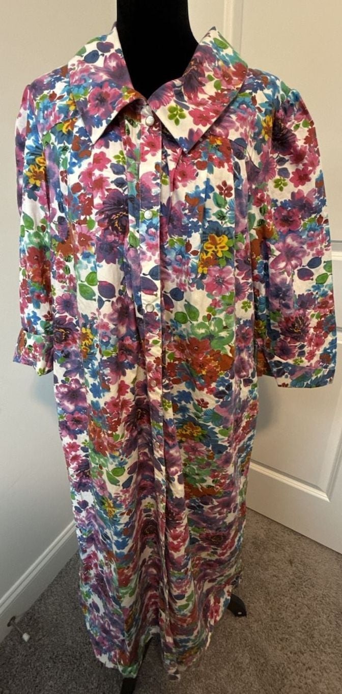 Models Coat Vintage Floral Print Button-Front Maxi Housecoat Robe