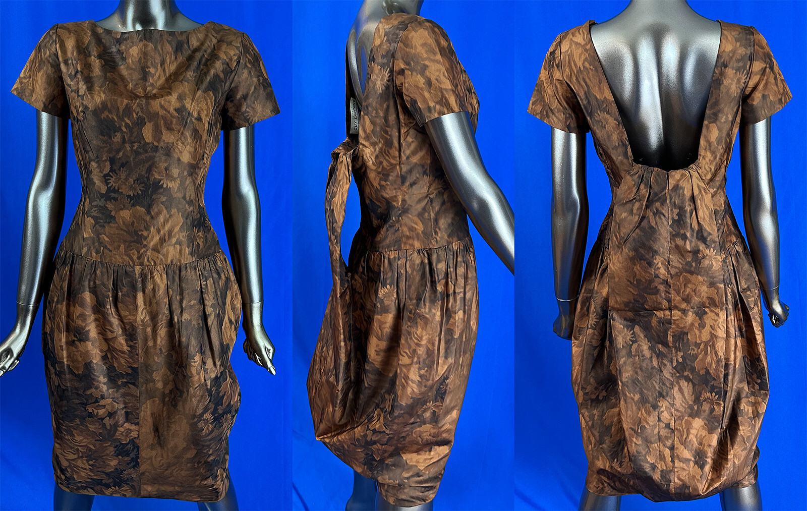Vintage Guy Laroche France Floral Silk Moire Taffeta Watteau Back Cocktail Dress