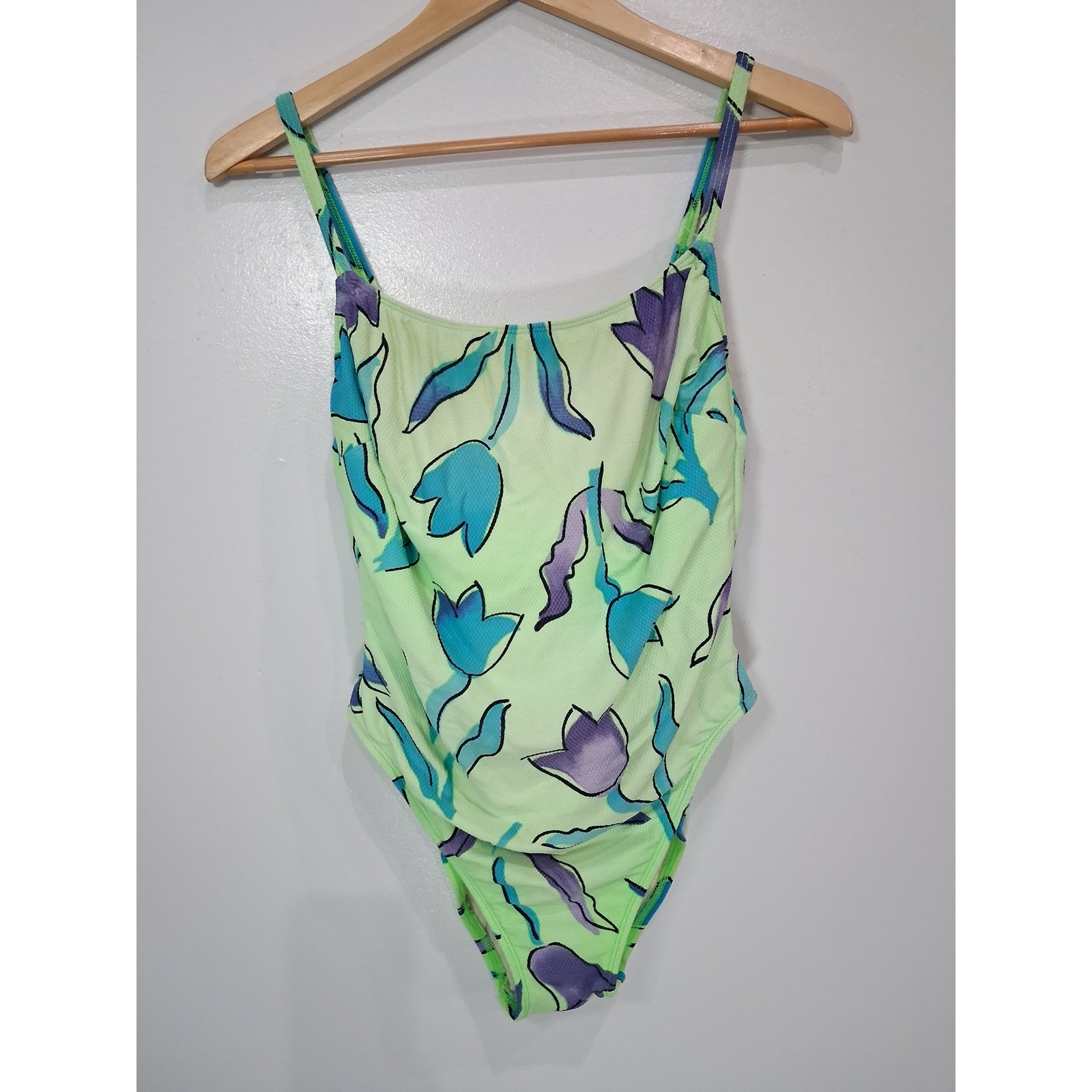 Vintage La Blanca Floral Lace Up One Piece Swimsuit Lime Green Blue Purple Sz 12