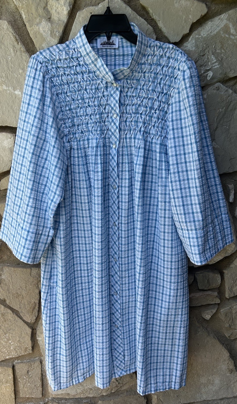 Vintage METROPOLITAN Snap Duster House Dress Robe L XL Blue Plaid Smocked EC