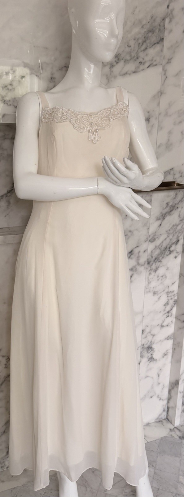 Vintage Ivory Chiffon Evening Gown Dress Beaded Pearl Formal Bridal Maxi USA 4XL