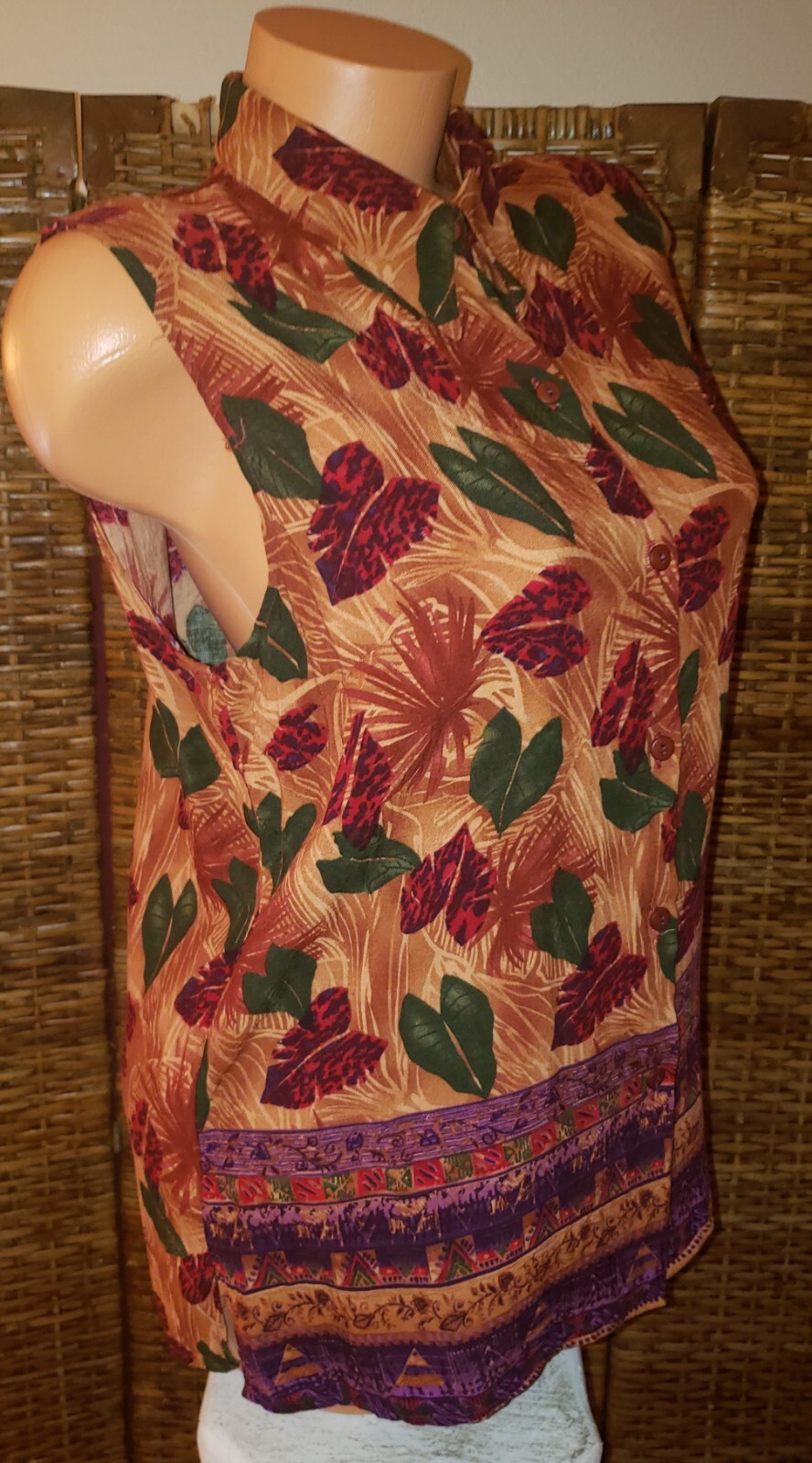 Vintage 90’s Liz Baker Sleeveless Hawaiian Rayon Button Up Blouse Shirt Sz PL