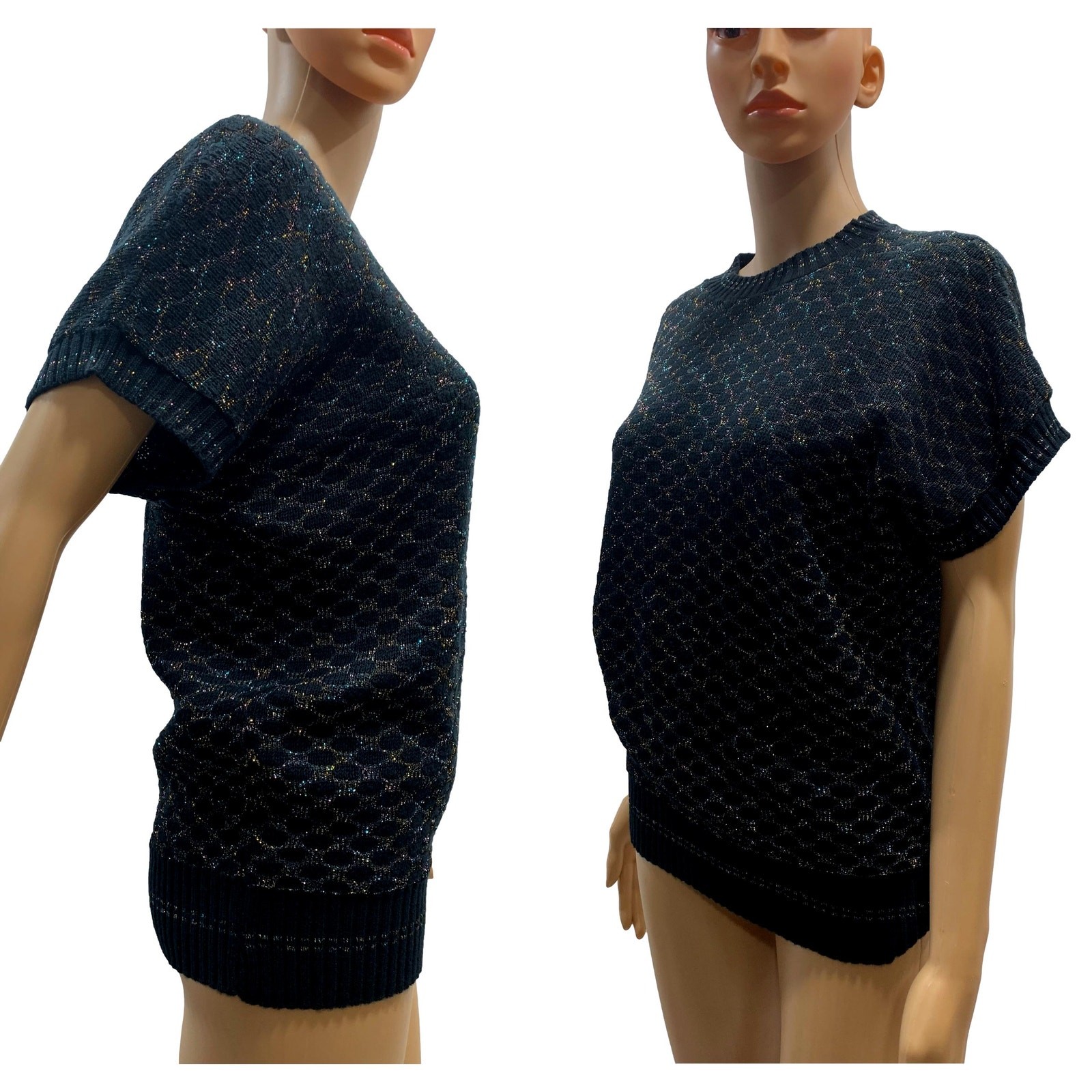 70s Kenneth Too Black Metallic Knit Sweater Top | Rainbow Lurex Vest XS/S