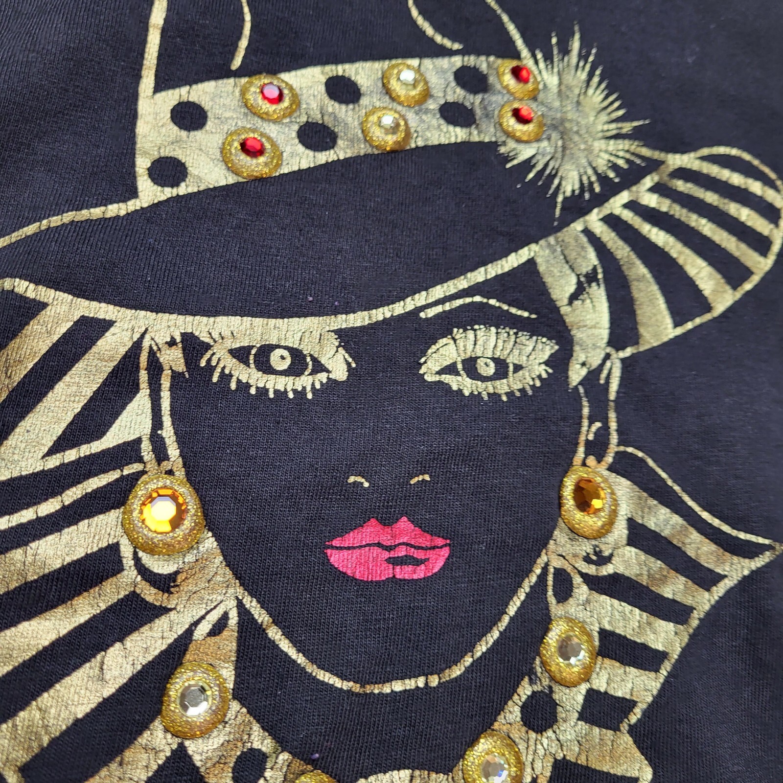 Vtg Elegant Lady T-Shirt Womens M Gems Fancy Long Sleeve Black Gold USA 90s ~46