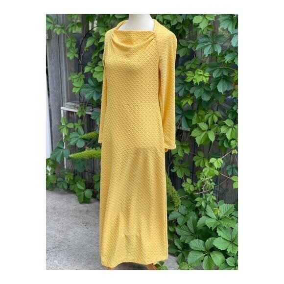 Vintage | 60s Maxi Dress Leg O Mutton Sleeve Quilted Waffle Knit Sz M