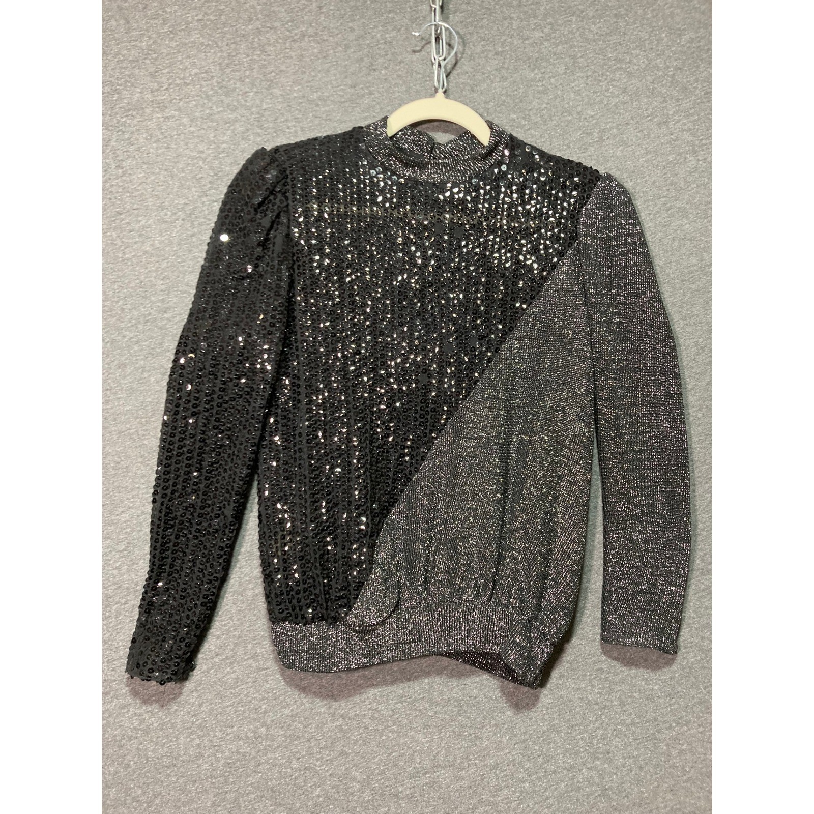 Vintage Tally Boutique 80s Asymmetric Sequin Metallic Blouse Black Silver 8