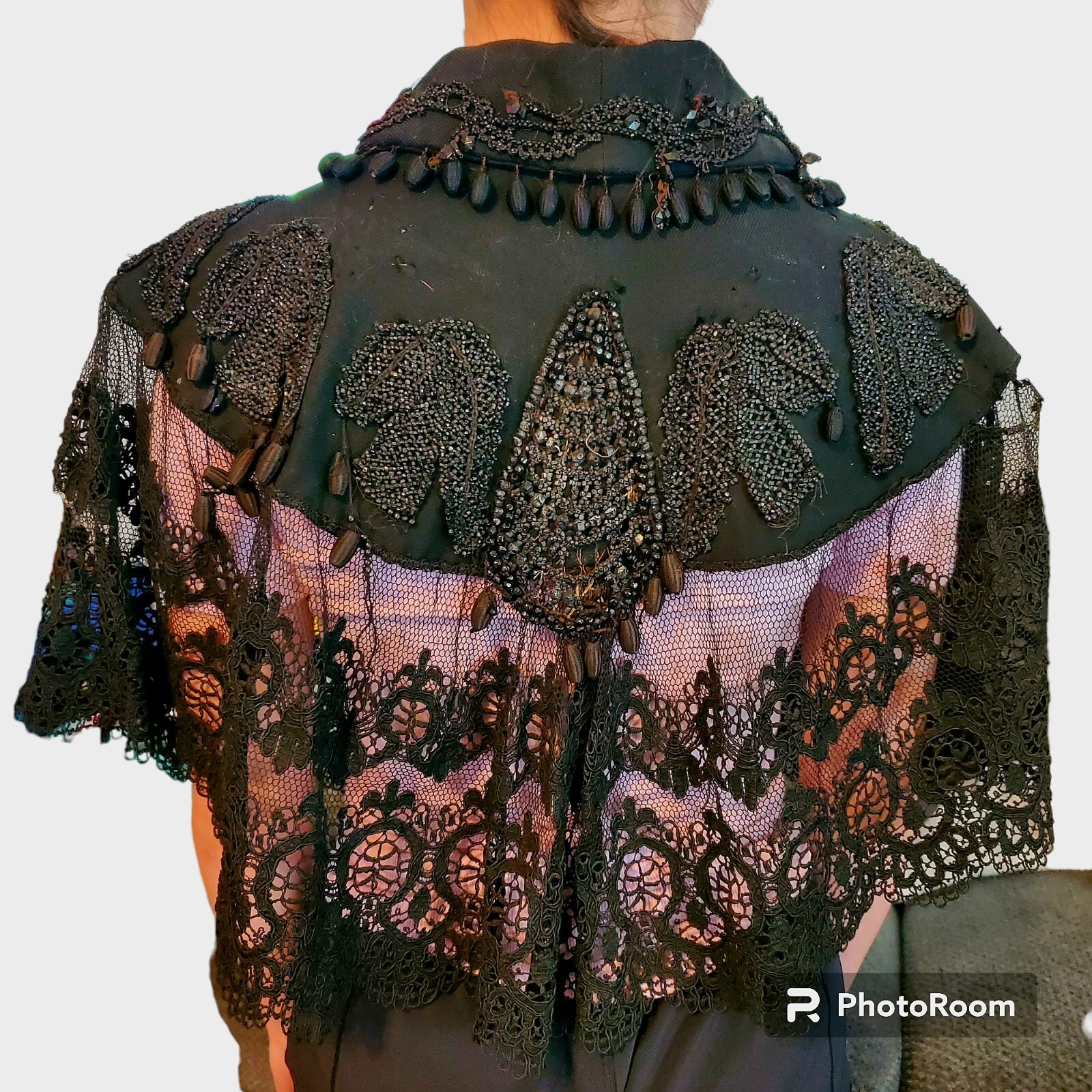 Antique Black Beaded Lace Victorian Edwardian Mourning Cape Capelet Mantel