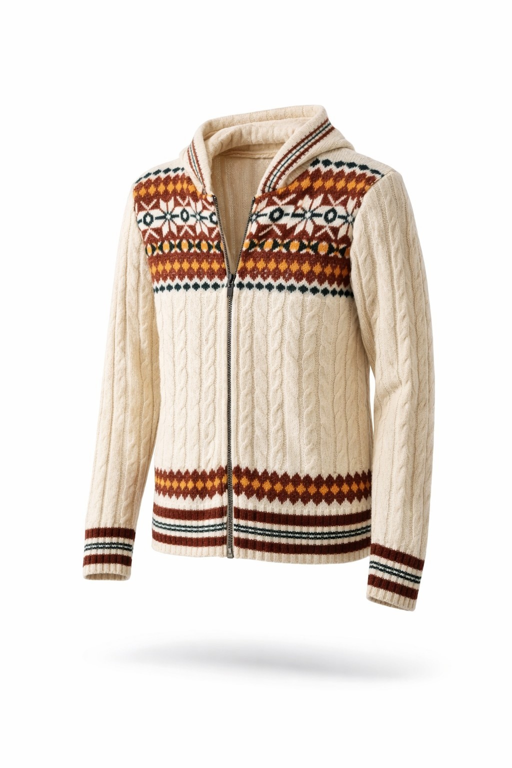 Vintage 1970s Sears Jr Bazaar Fair Isle Zip Hoodie Sweater Cream Brown Cable…