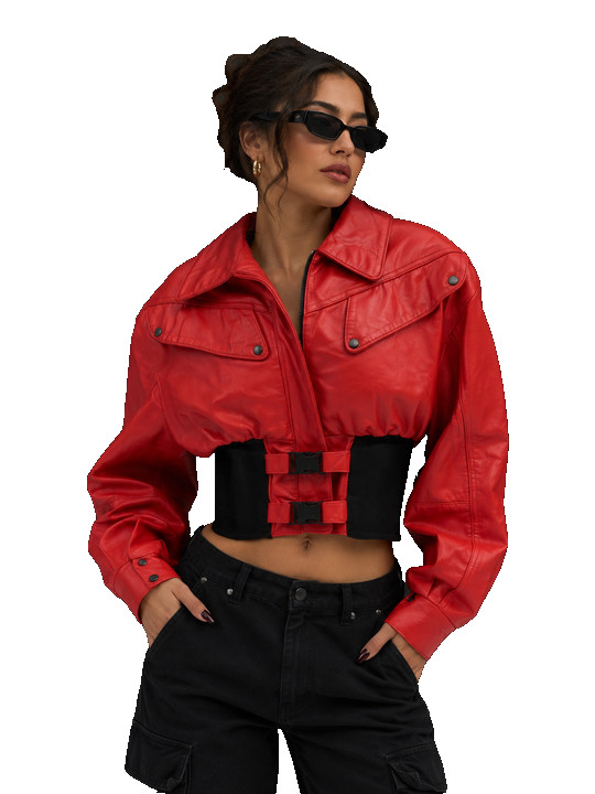 RARE 1990s Outerwear by Phoenix Red Leather Cropped Corset Waist Moto Bomber S