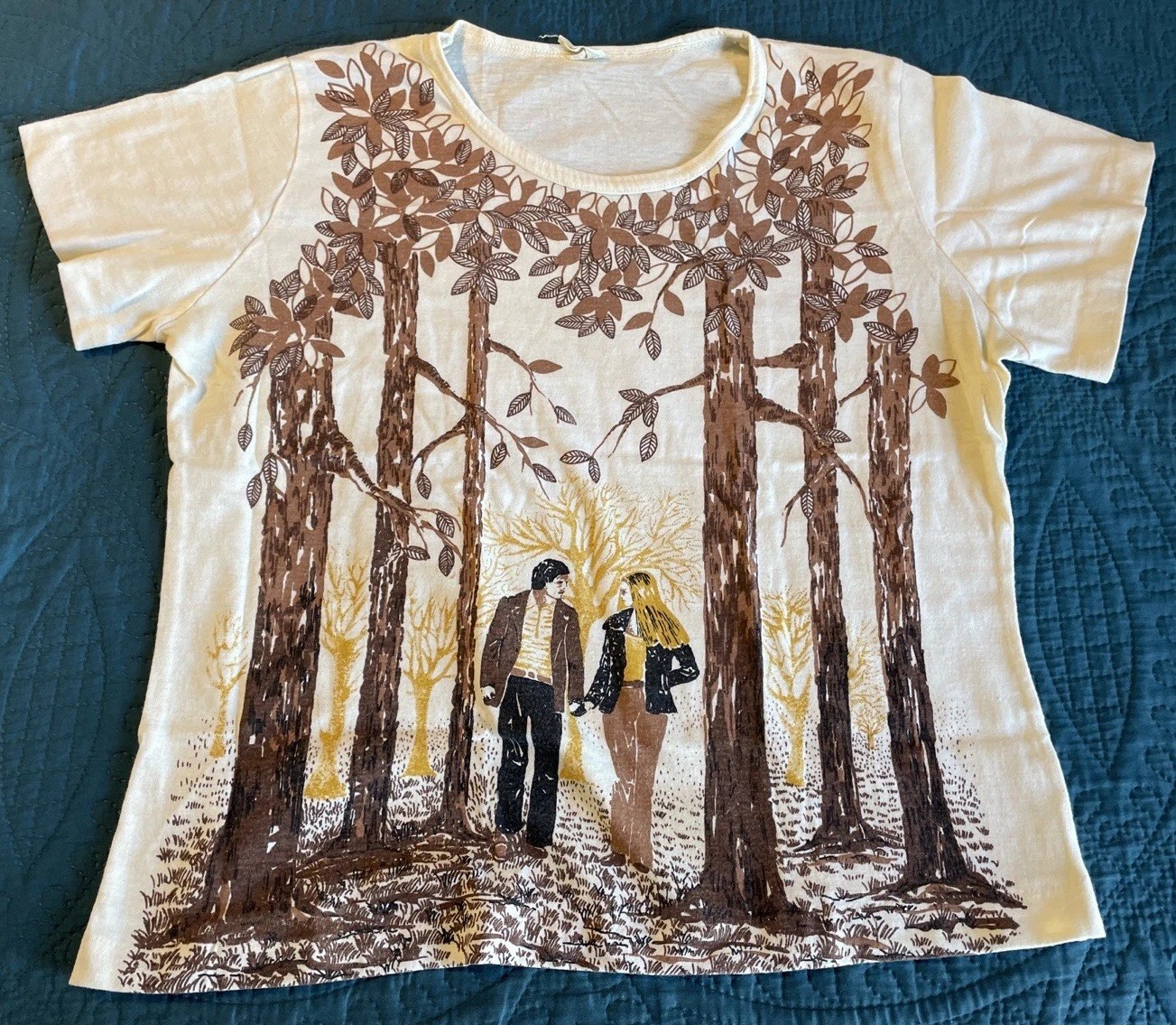 VTG 1970s, Retro Screen Print Shirt, Size 38 (M-L) Wooded Scene W/Man & Woman.