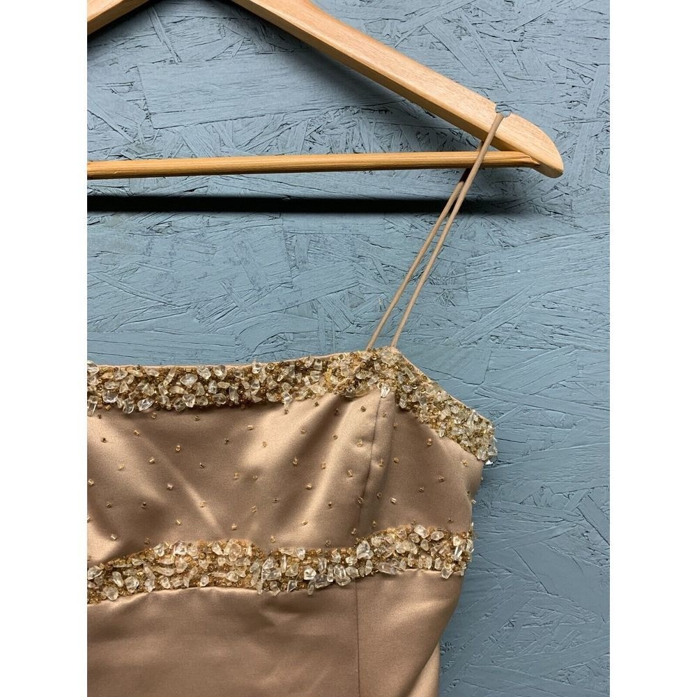 De Laru Beaded Satin Maxi Gown Dress Womens Size 5/6 Gold Vintage Y2K Formal