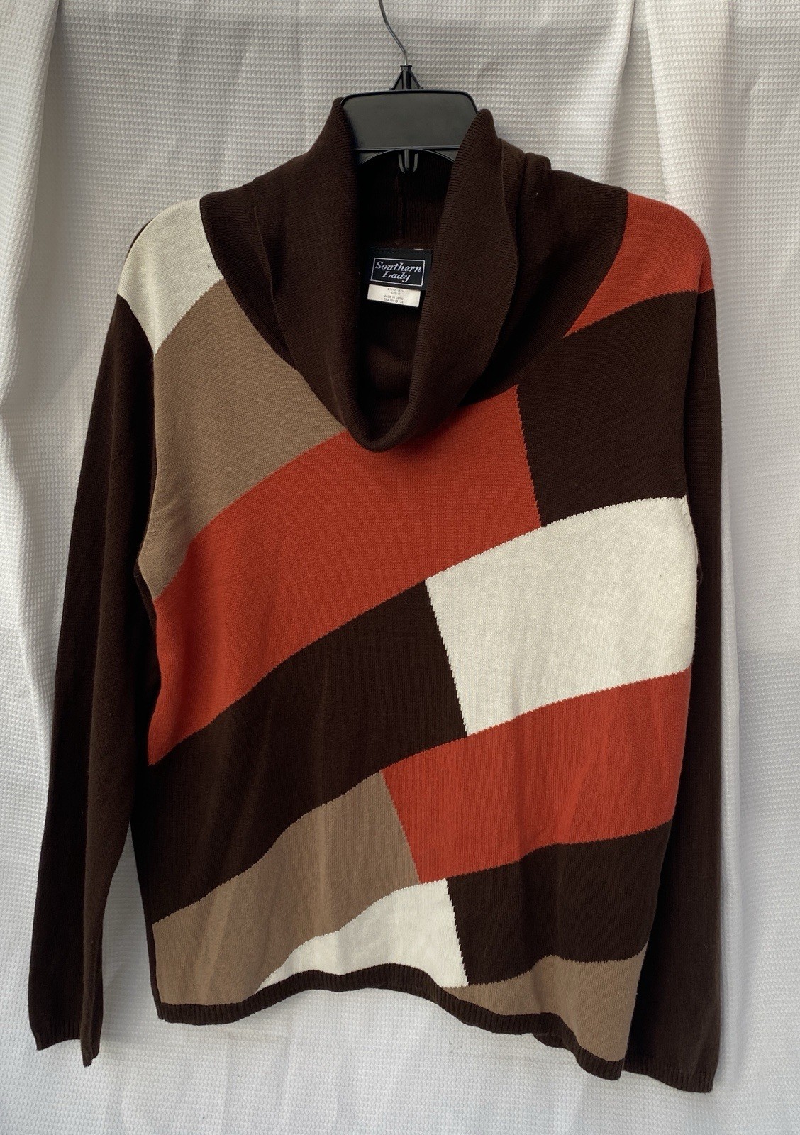 Vintage Color block Turtleneck Knit With Brown And Salmon Orange Pattern