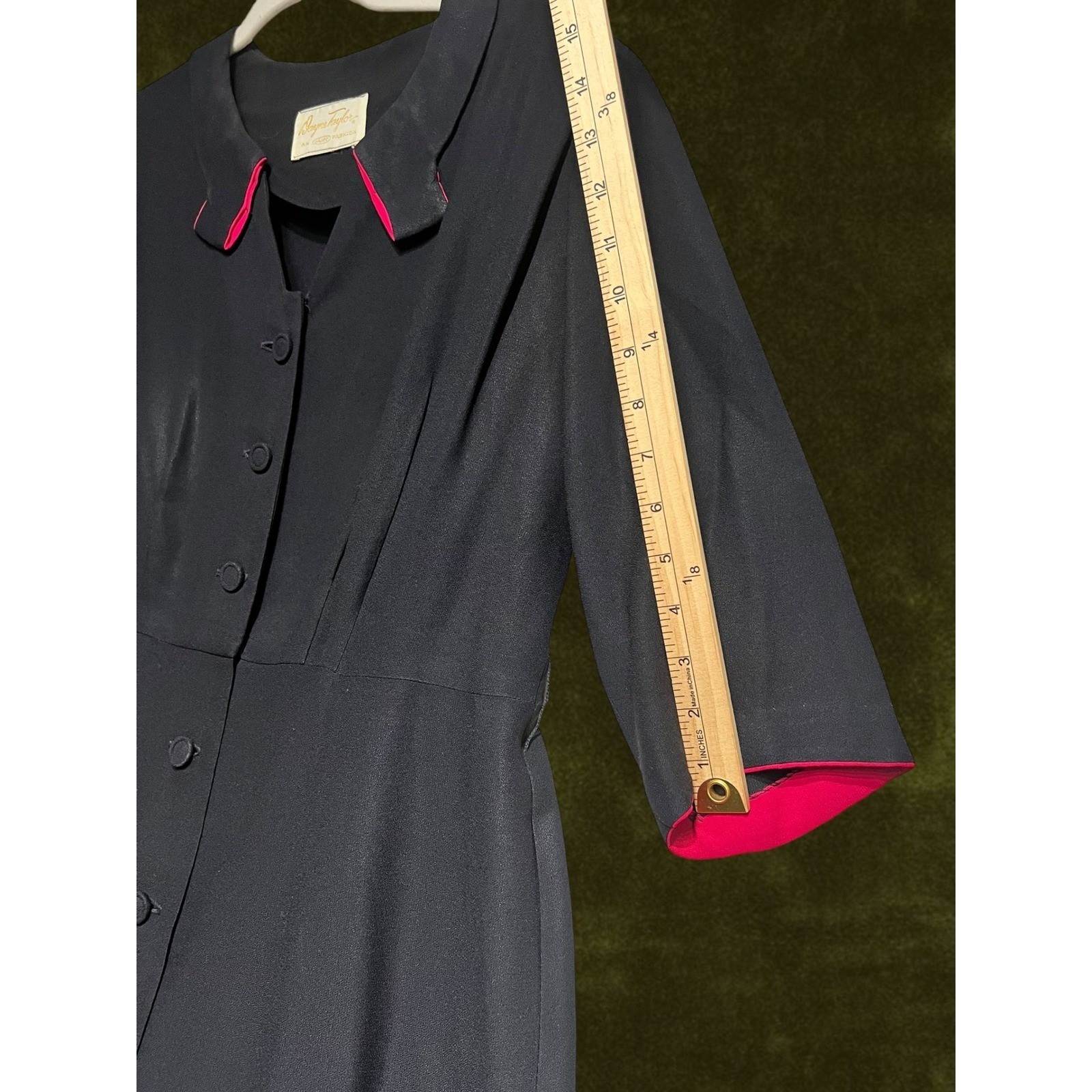 Vintage 1950s Rogers Taylor Navy Blue Fuchsia Pink Trim Fit Flare Dress Mid-Mod