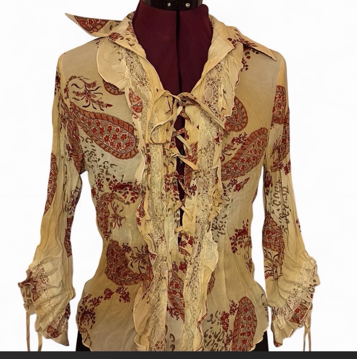 90s y2k Vintage Paisley Lace-Up Ruffle Lace Detail Blouse boho whimsey fairy