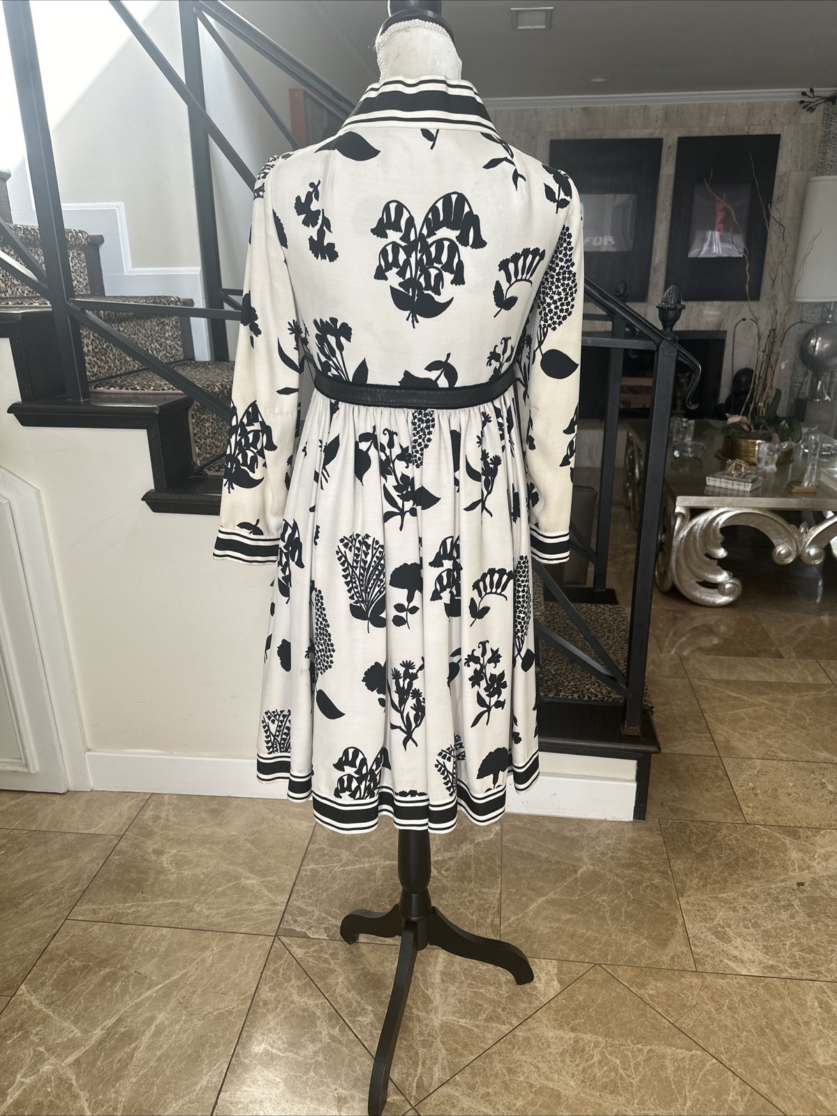Geoffrey Beene 60s Black & White Silhouette Floral Print Empire Babydoll Dress S