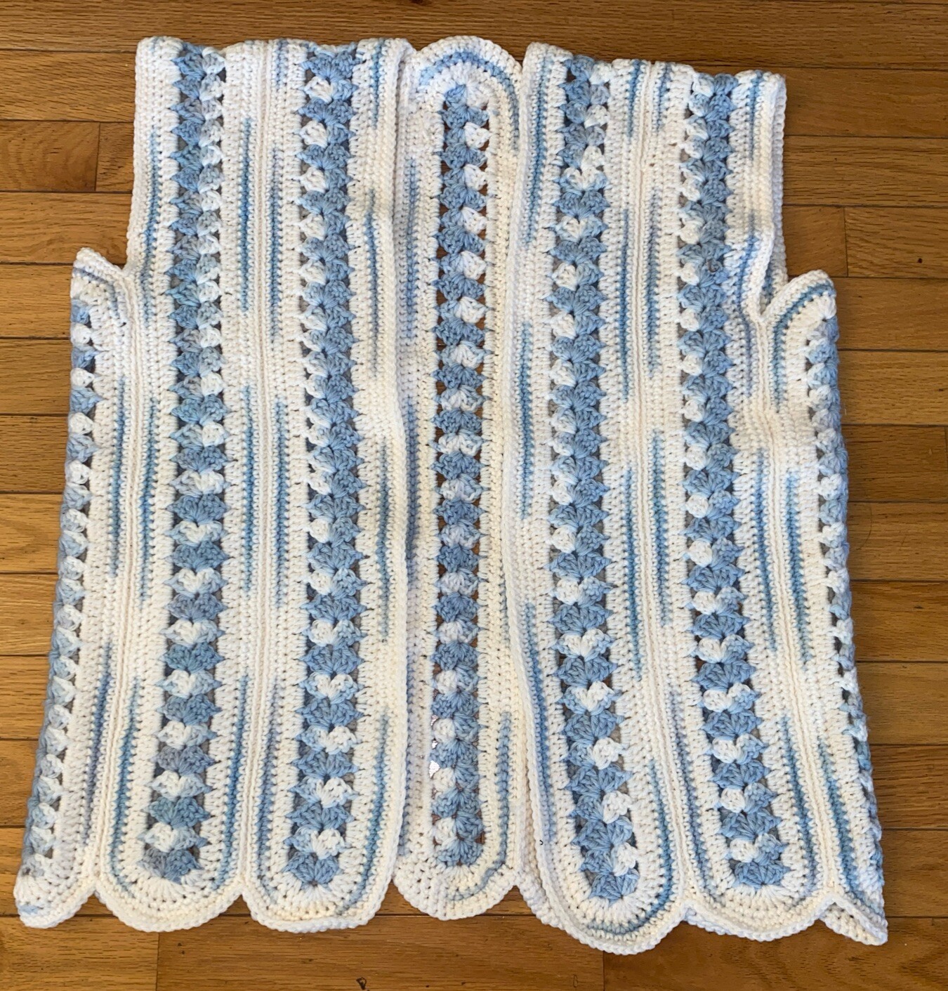Vintage Hand Crochet Vest Open Front Blue White Boho