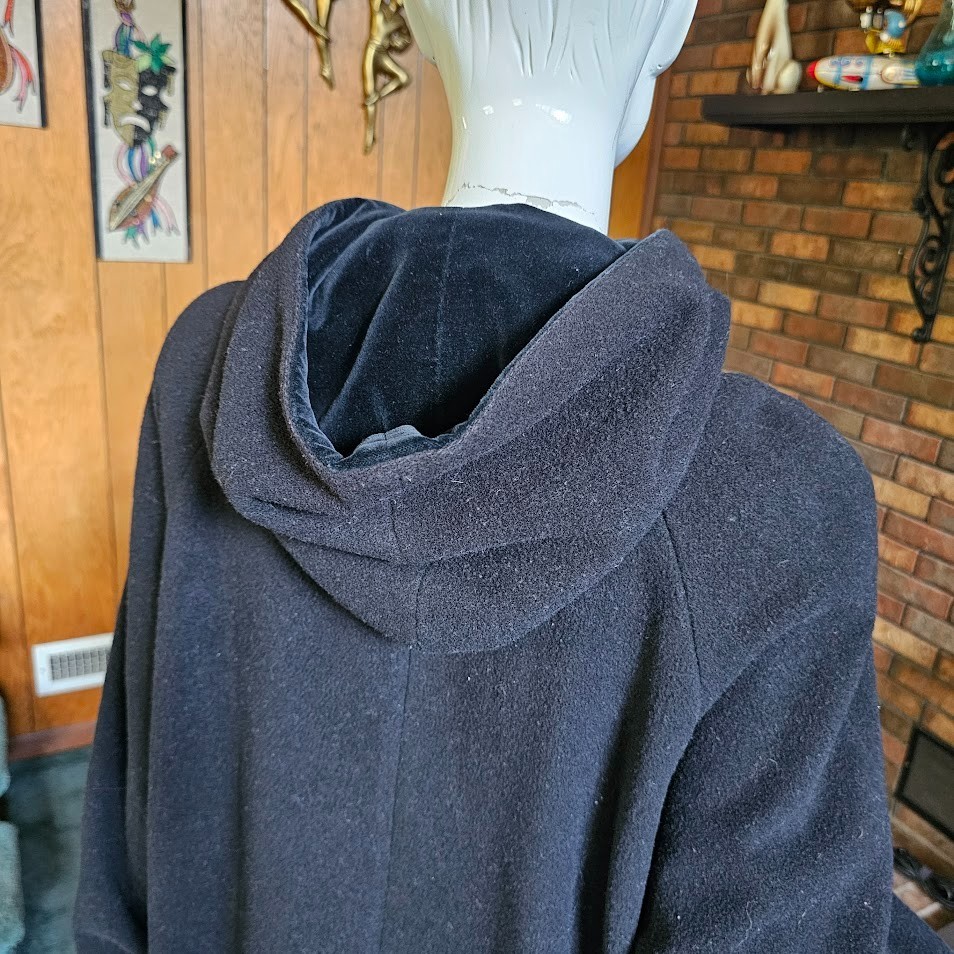 Vtg 80s Little Gothic Riding Hood Black Wool Velvet Full Length Cloak Coat L/XL