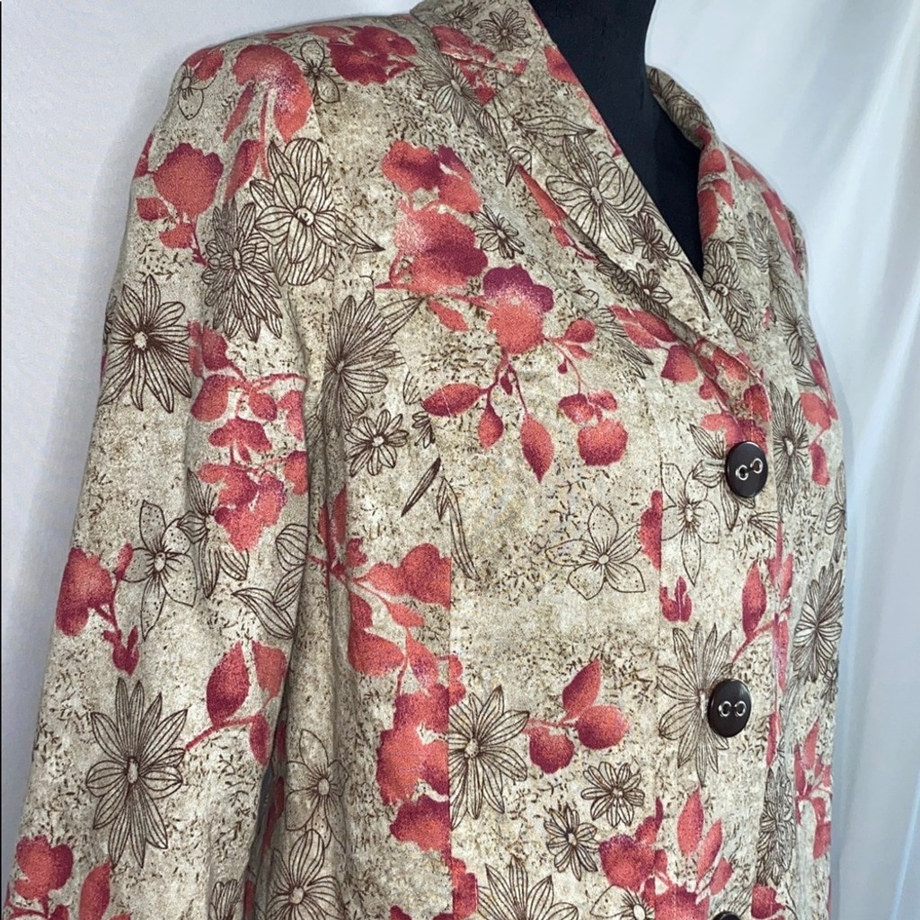 RQT Vintage Floral Blazer Jacket Womens Size 14 Linen Blend Tan Pink Boho Lined