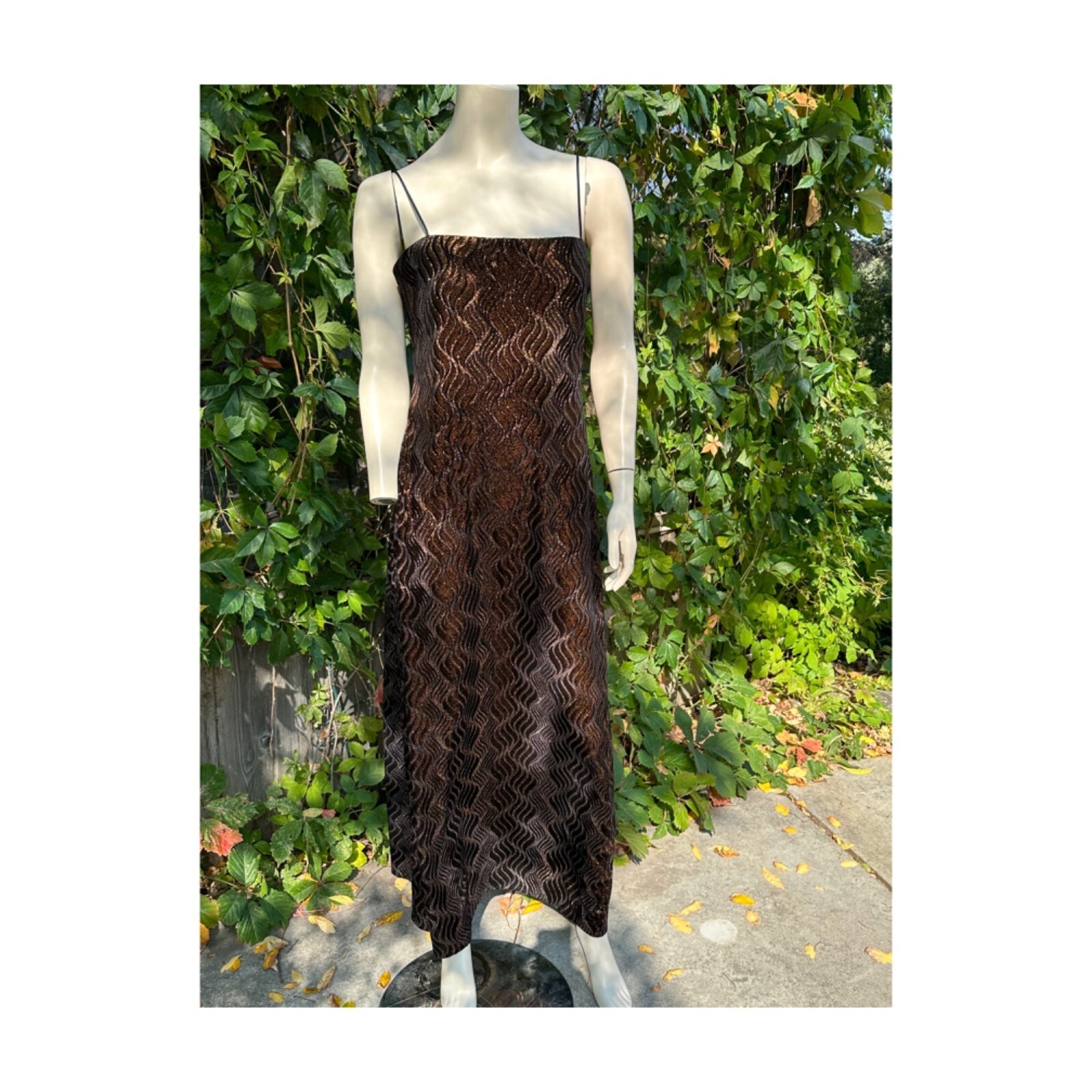 Vtg | 90s Formal Gown Dress Velvet Burnout Copper Metallic Spaghetti Straps 14