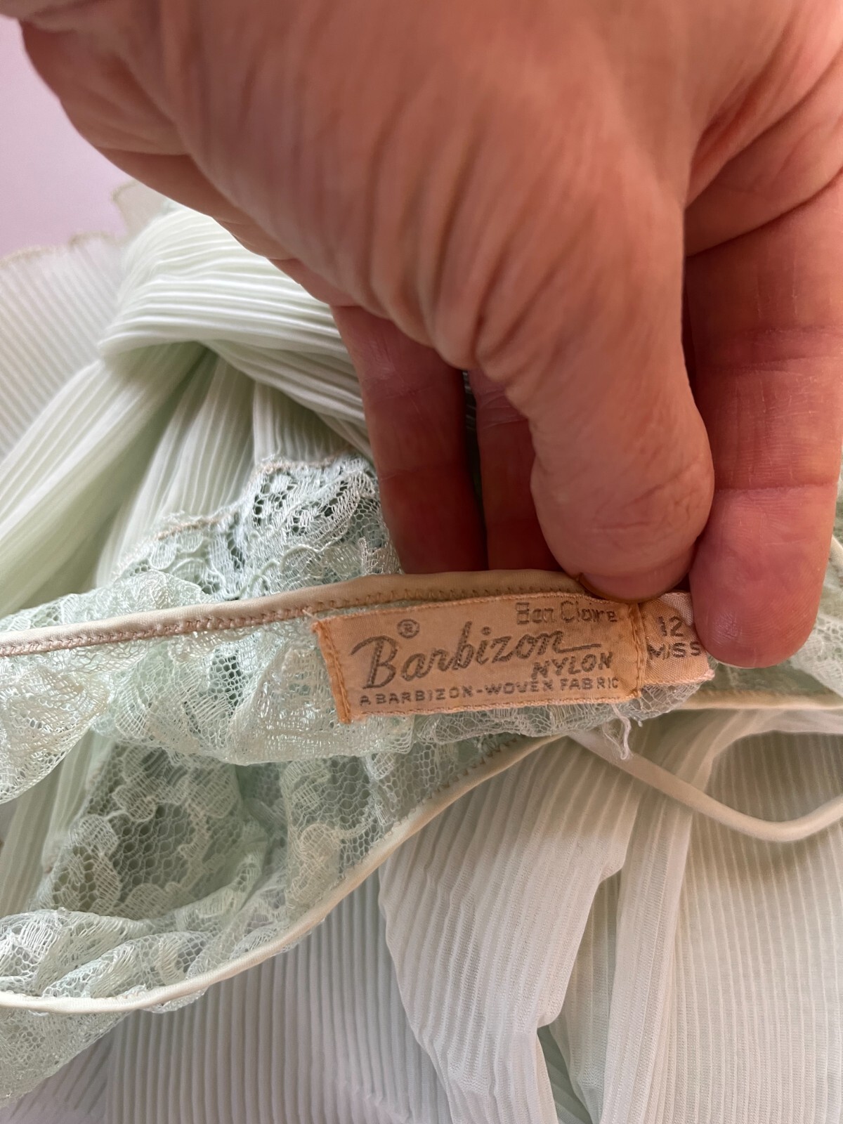 Vintage 1950s Barbizon Size 12 Miss Pale Green Nightgown Lace Sheer Sash