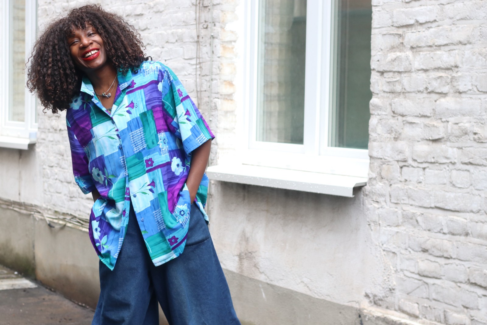 Vintage Blouse Abstract Pattern Blue Purple 90s Oversized Short Sleeve Shirt L